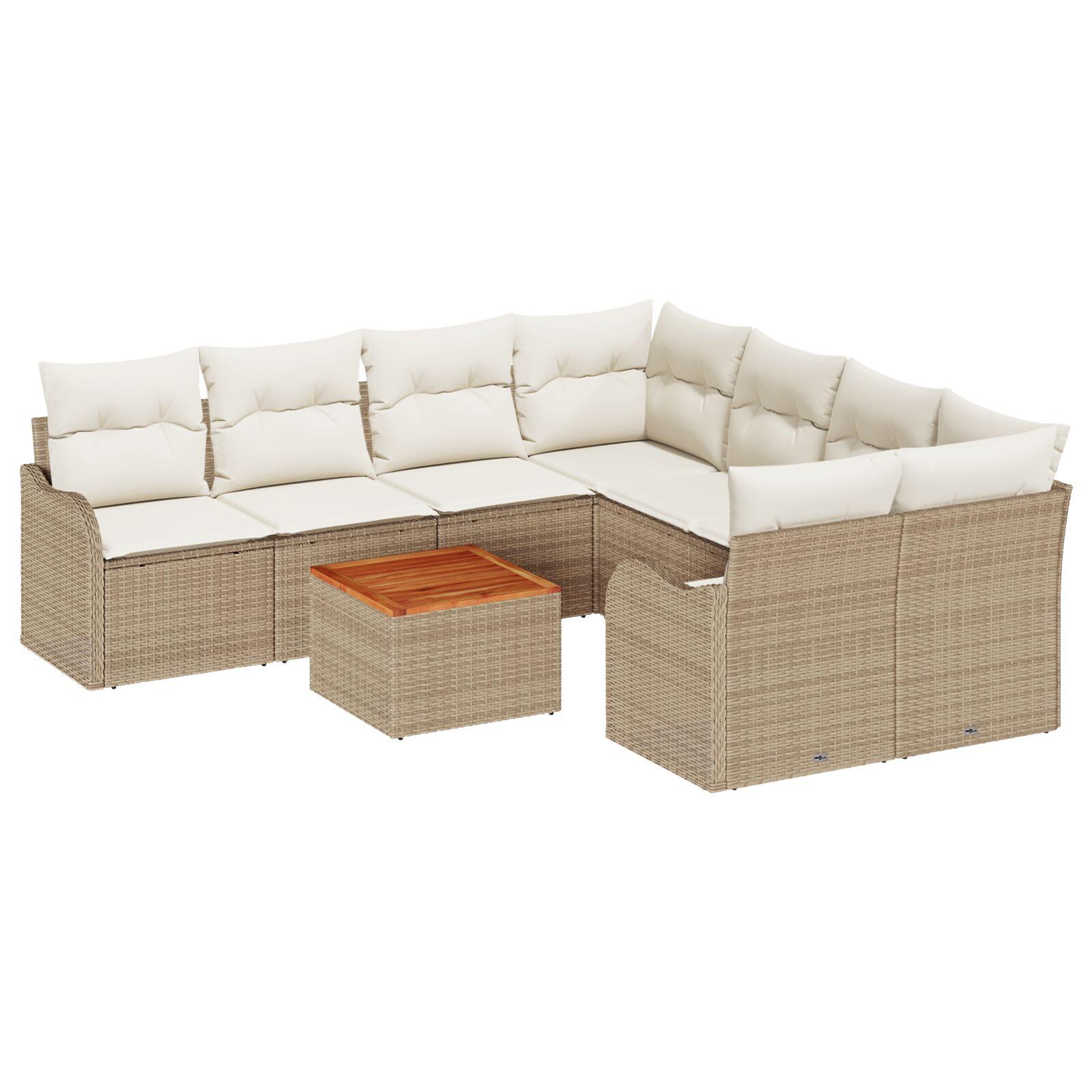 9 Delt Have Sofa Sæt med Puder Beige Poly Rattan Acacia,  2-personers Have Sofa med Opbevaring & Puder Beige Poly Rattan