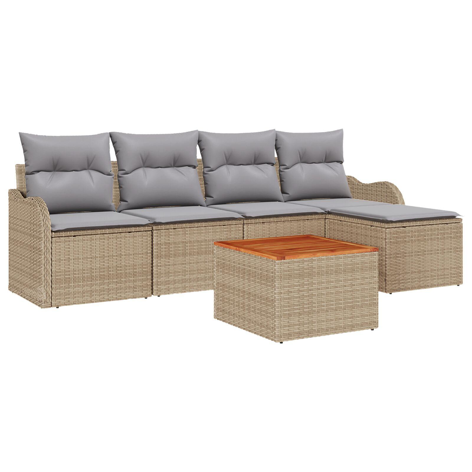 6 dele havesofa sæt med puder beige poly rattan akacia,  2-personers havesofa med opbevaring & puder beige poly rattan