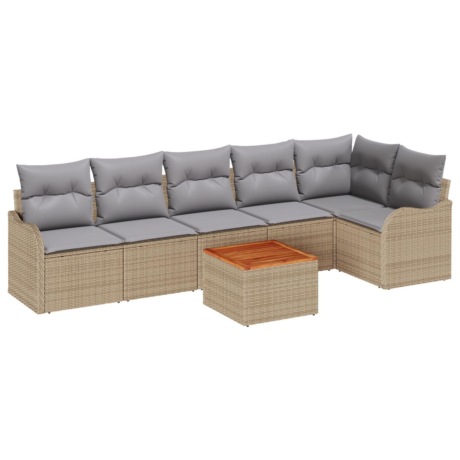 7-delt Have Sofa Sæt med Puder Beige Poly Rattan Akacie,  2-sæders Have Sofa med Opbevaring & Puder Beige Poly Rattan