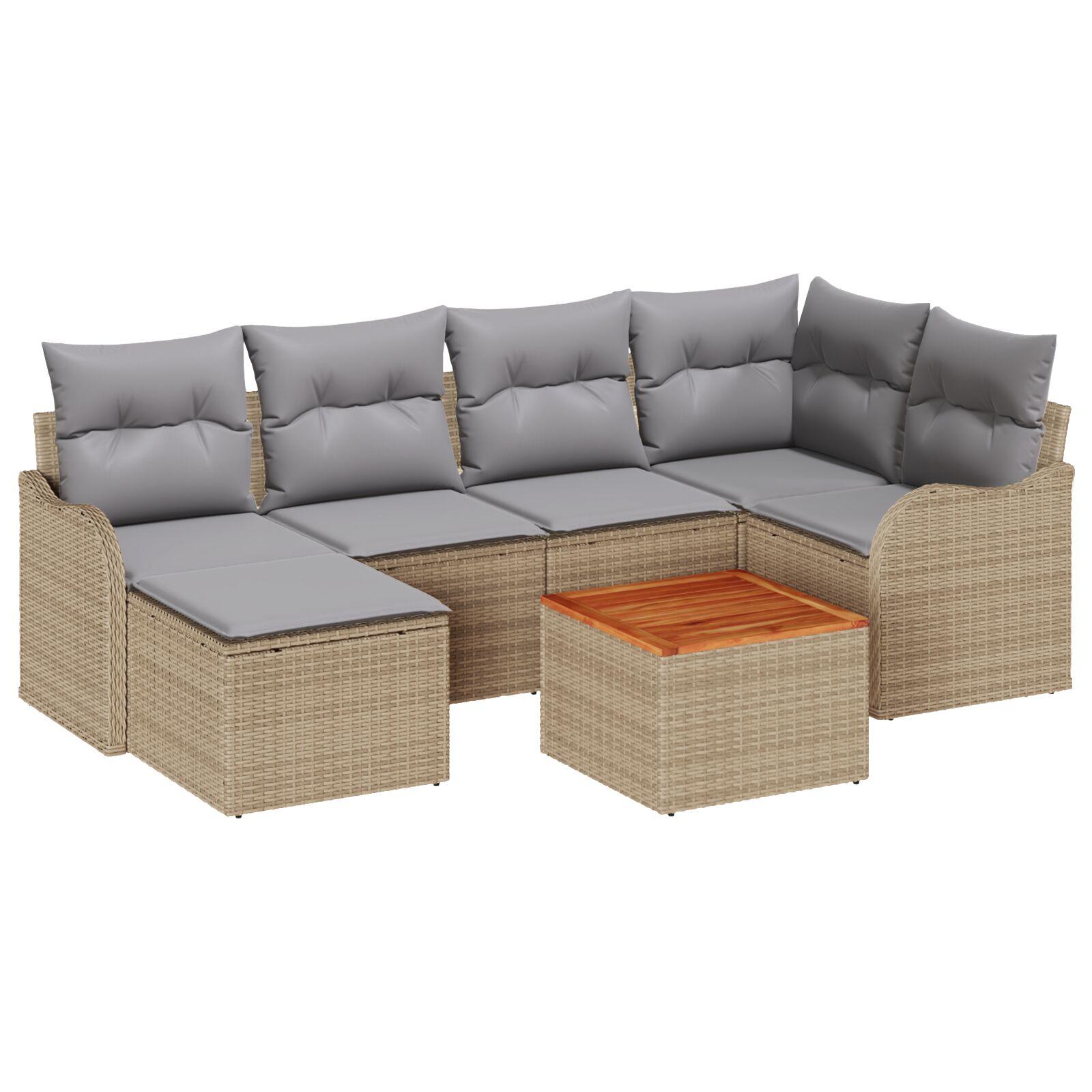 7 Stykke Have Sofa Sæt med Puder Beige Poly Rattan Akacietræ,  2-Personers Have Sofa med Opbevaring & Puder Beige Poly Rattan