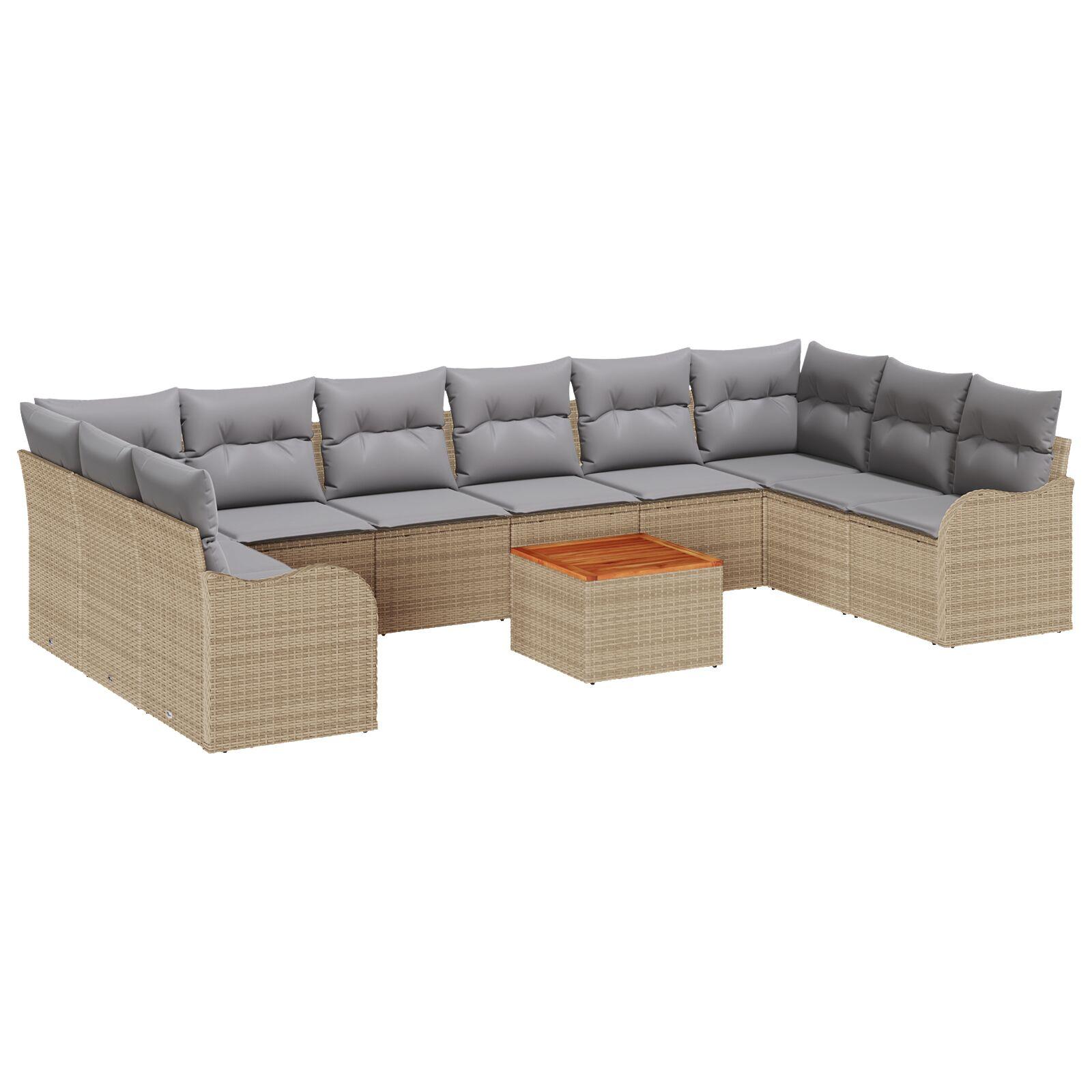 11-delt havesofa sæt med puder Beige Poly Rattan Akacia,  2-personers havesofa med opbevaring & puder Beige Poly Rattan