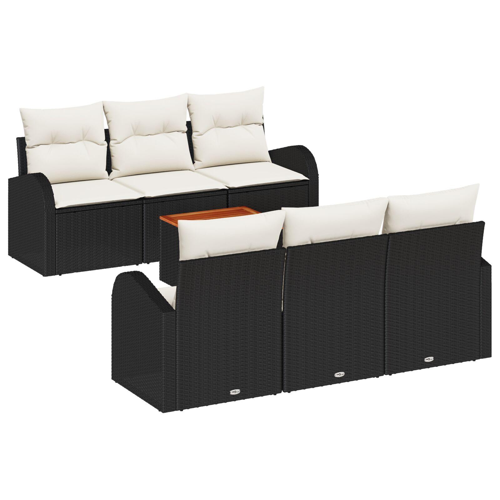 7-delt Have Sofa Sæt med Puder i Sort Polyrattan Akacia, 2-personers Have Sofa med Opbevaring & Puder i Sort Polyrattan