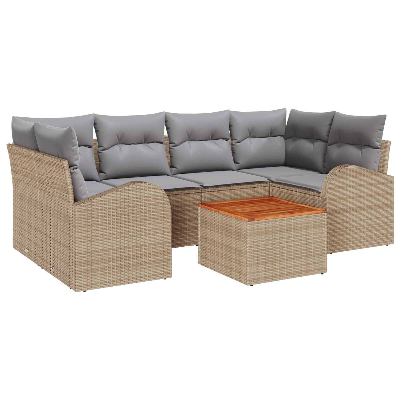 7 Stykke Have Sofa Sæt med Hynder Beige Poly Rattan Akacietræ,  2-Sæders Have Sofa med Opbevaring & Hynder Beige Poly Rattan