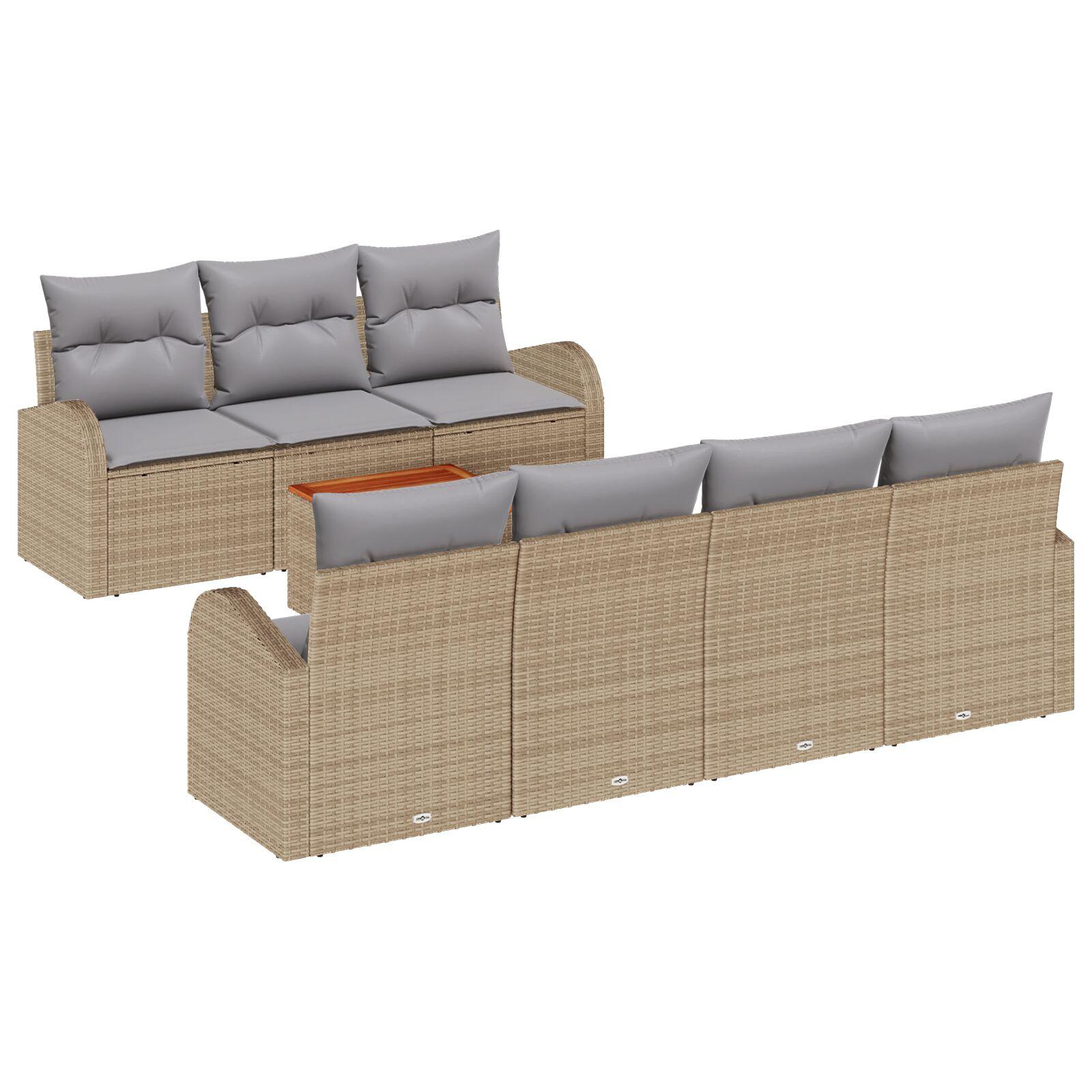 8 Deles Havesofa Sæt med Puder Beige Poly Rattan Akacie,  2-personers Havesofa med Opbevaring & Puder Beige Poly Rattan
