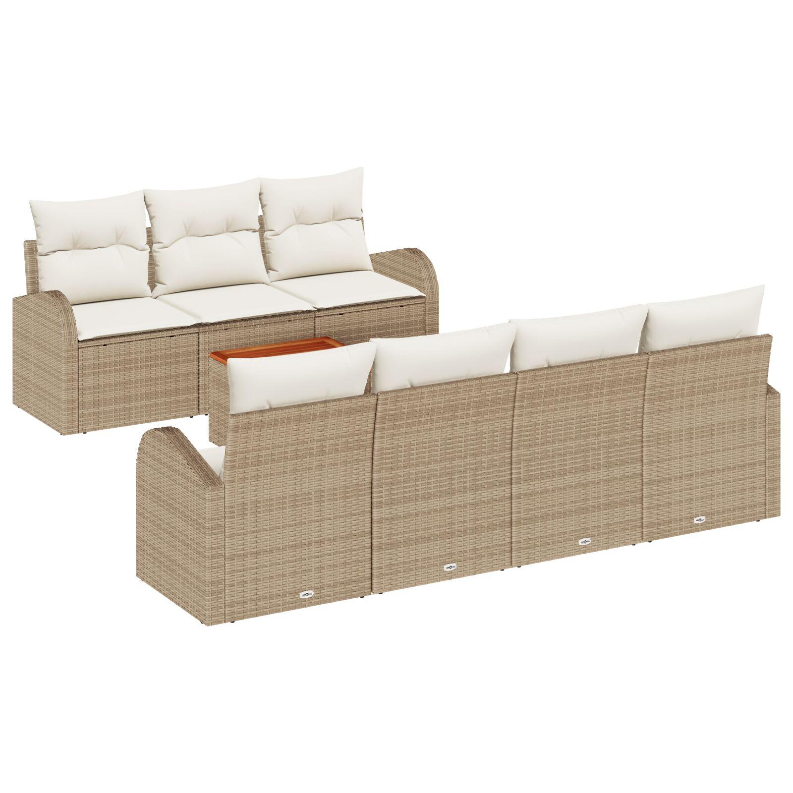 8 Deles Have Sofa Sæt med Puder Beige Poly Rattan Akacia,  2-Sæders Have Sofa med Opbevaring & Puder Beige Poly Rattan