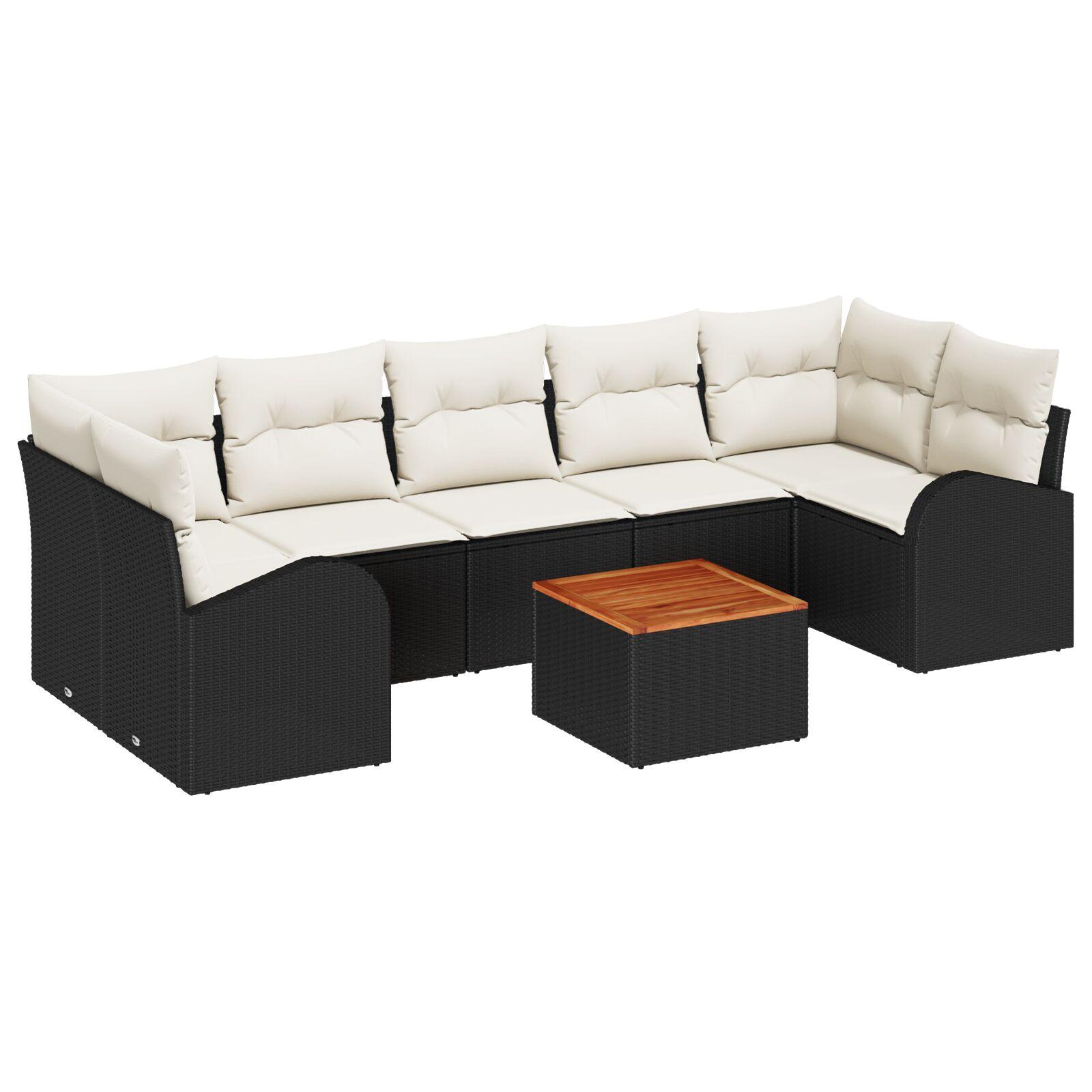 8-deles Have Sofa Sæt med Puder Sort Poly Rattan Acacia,  2-personers Have Sofa med Opbevaring & Puder Sort Poly Rattan