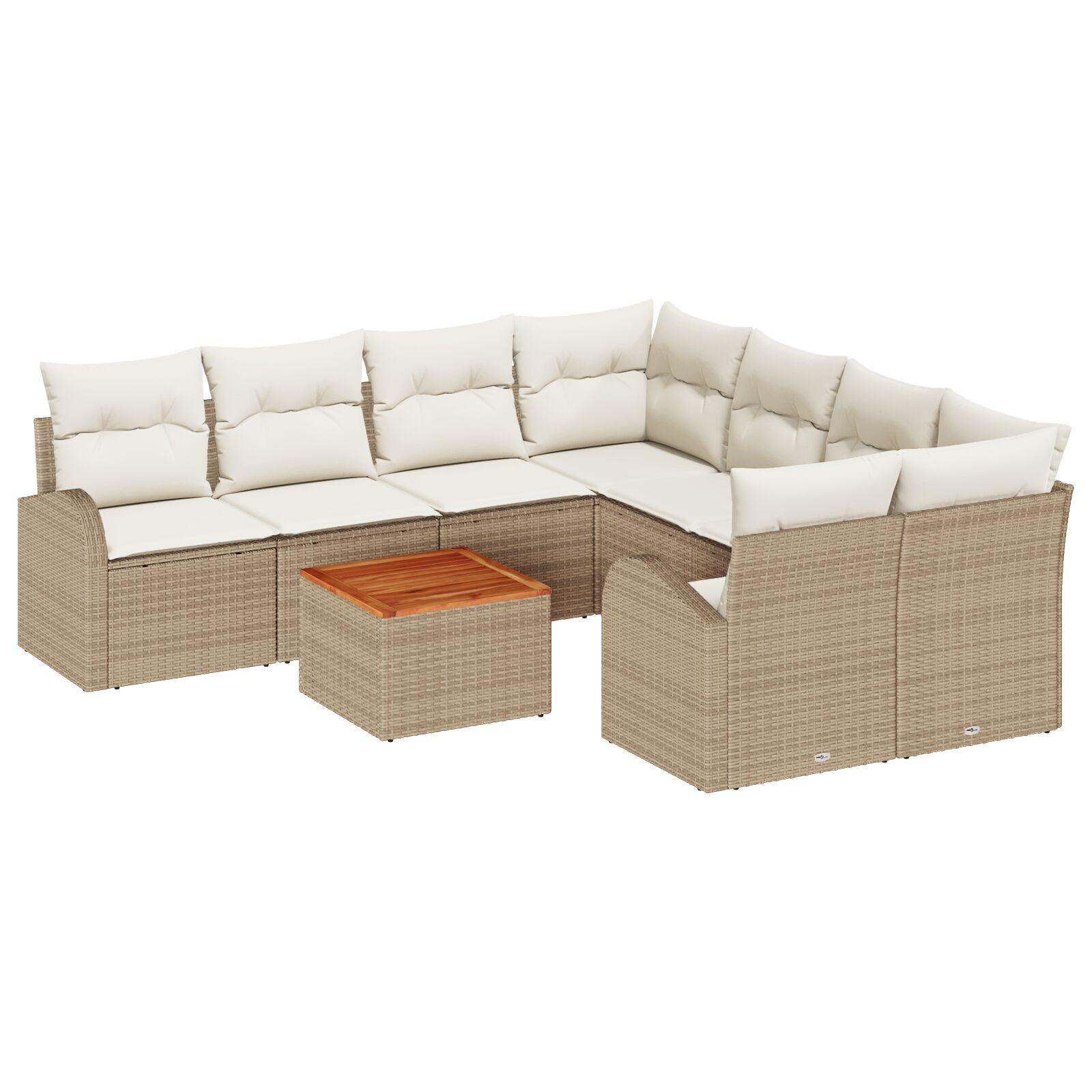 9-delt have sofa sæt med puder Beige Poly Rattan Akacie,  2-personers have sofa med opbevaring & puder Beige Poly Rattan
