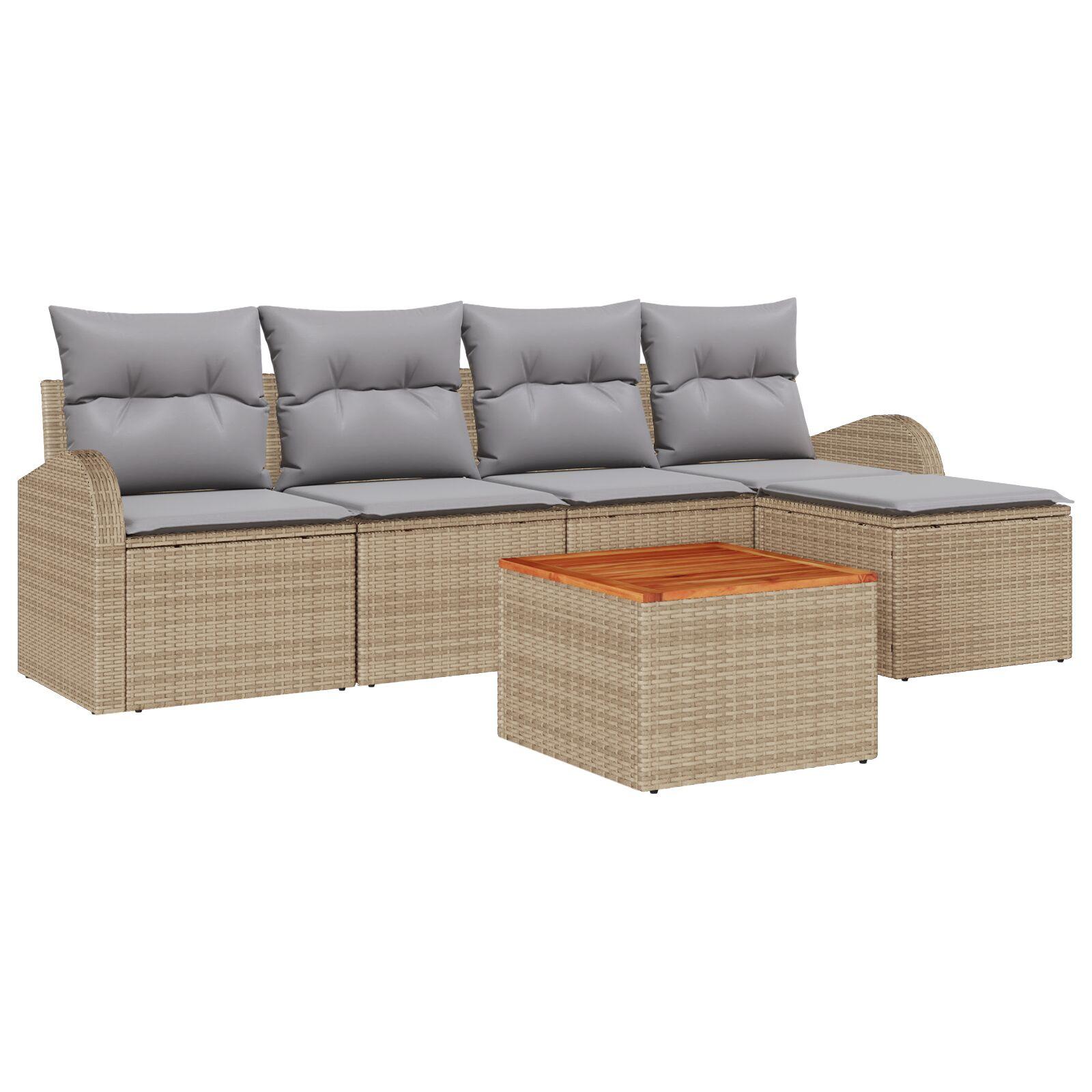6-delt Havesofa Sæt med Puder Beige Poly Rattan Acacia,  2-personers Havesofa med Opbevaring & Puder Beige Poly Rattan