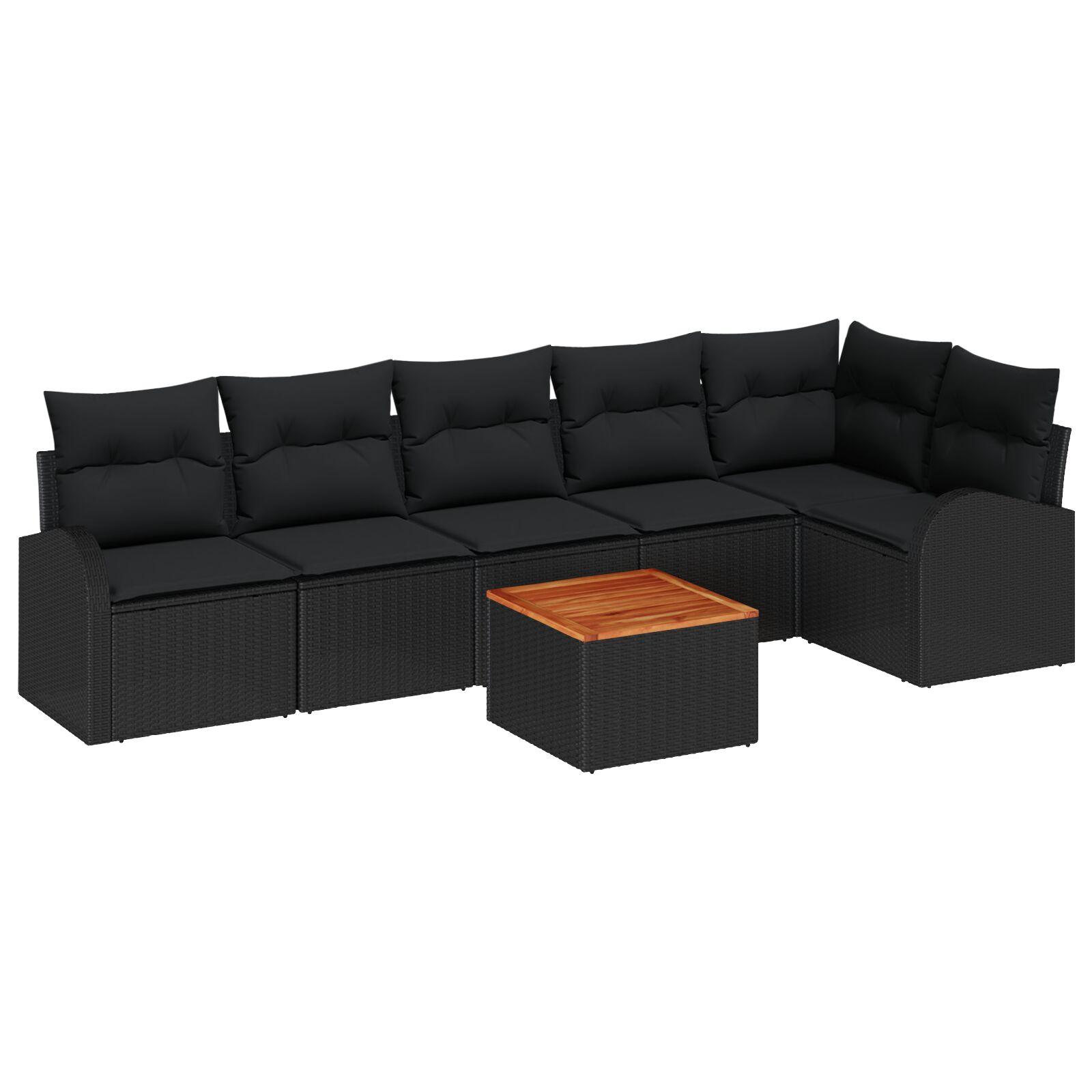 7 Stykker Have Sofa Sæt med Puder Sort Poly Rattan Akacia,  2-personers Have Sofa med Opbevaring & Puder Sort Poly Rattan