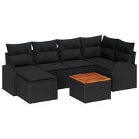7 dele have sofa sæt med puder sort poly rattan akacie, 2-personers have sofa med opbevaring & puder sort poly rattan
