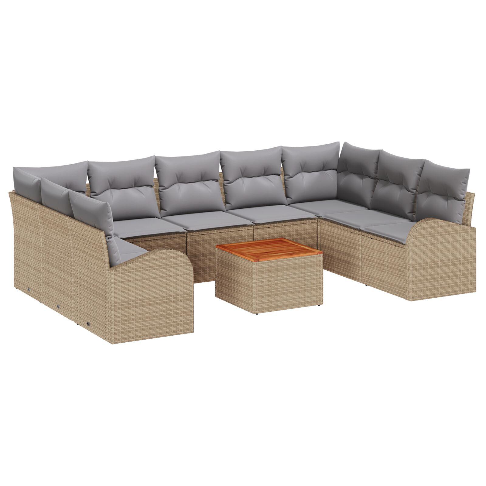 10-delt Have Sofa Sæt med Puder Beige Poly Rattan Akacia,  2-personers Have Sofa med Opbevaring & Puder Beige Poly Rattan