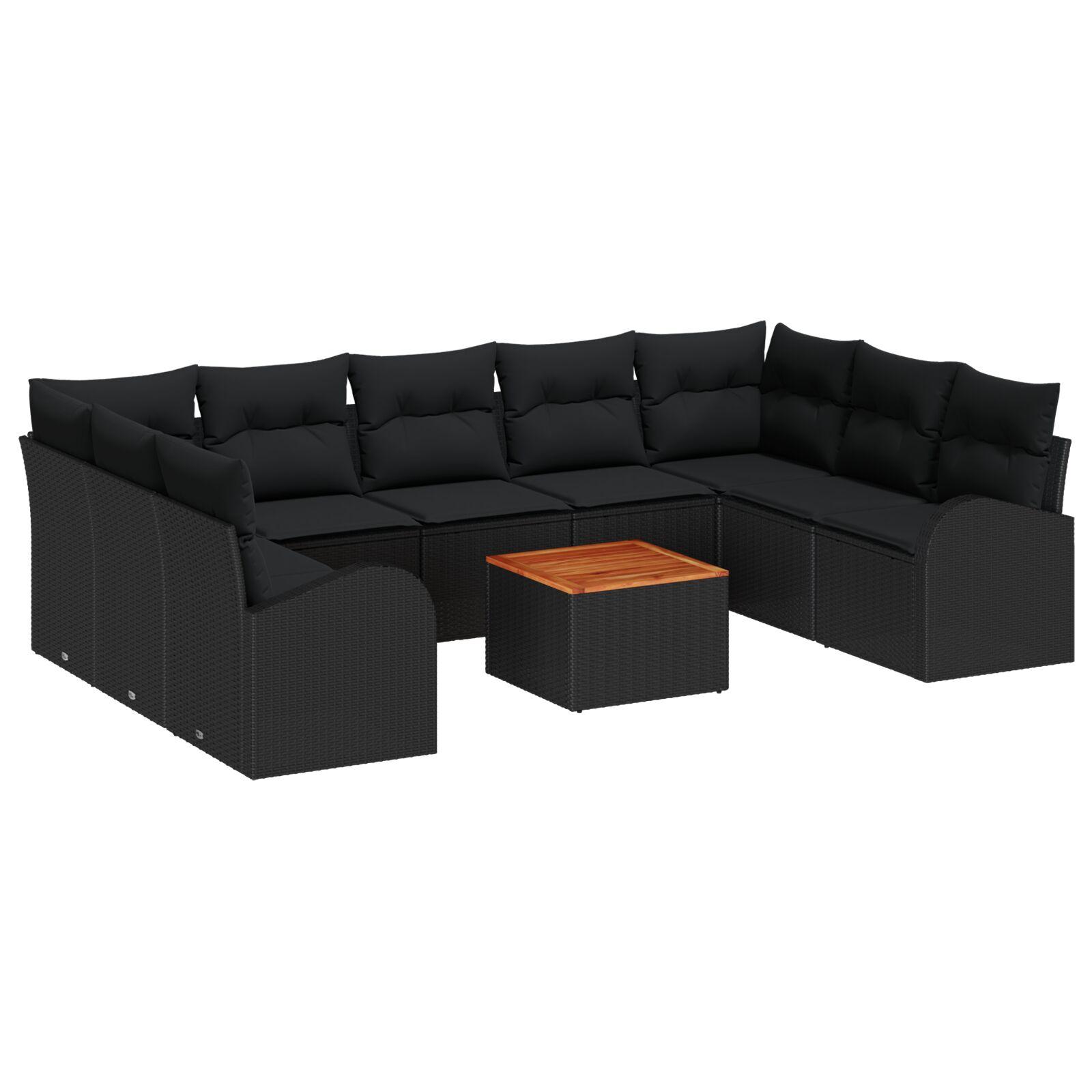 10 Stykker Have Sofa Sæt med Puder Sort Poly Rattan Akacia,  2-personers Have Sofa med Opbevaring & Puder Sort Poly Rattan