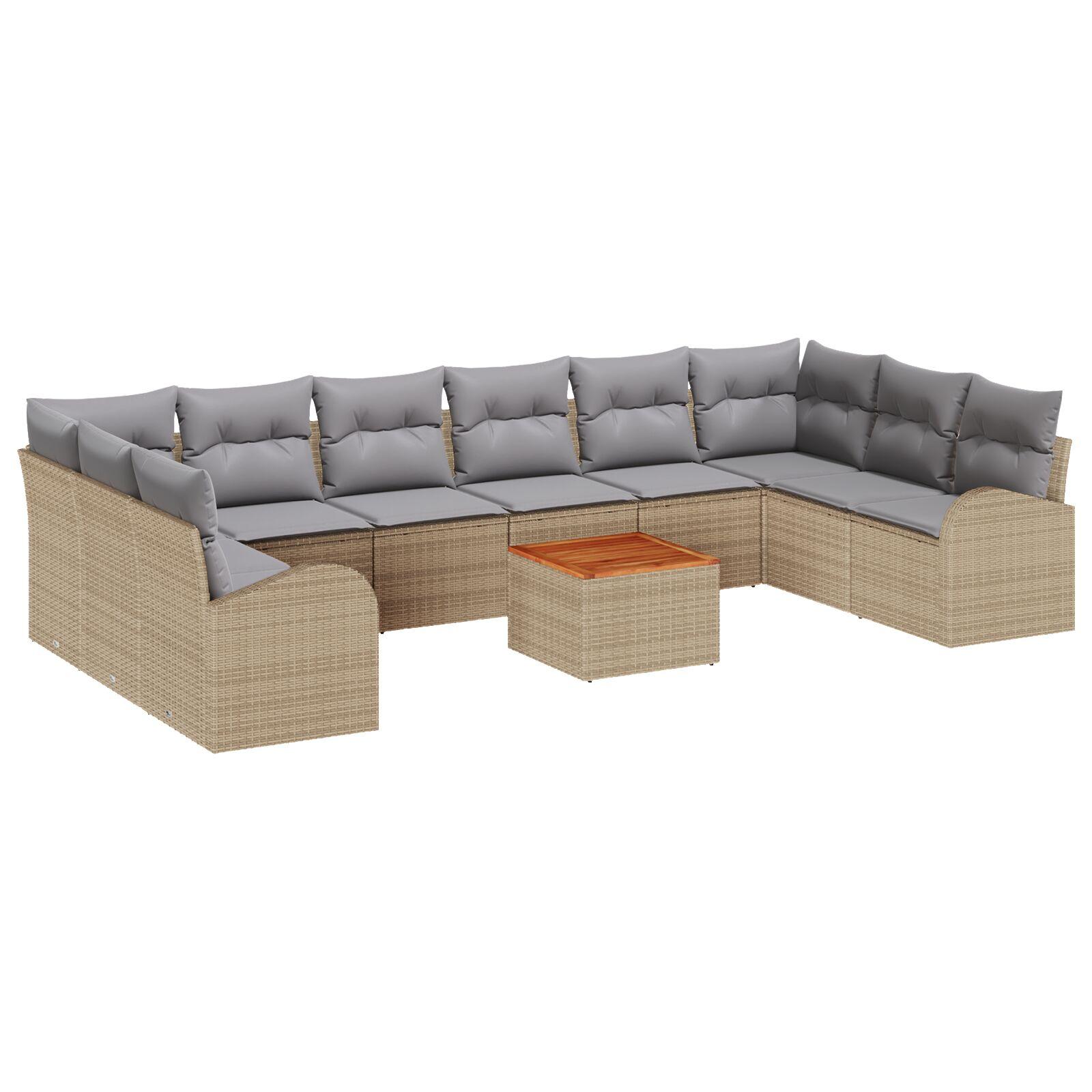 11 Deles Have Sofa Sæt med Puder Beige Poly Rattan Akacia,  2-Personers Have Sofa med Opbevaring & Puder Beige Poly Rattan