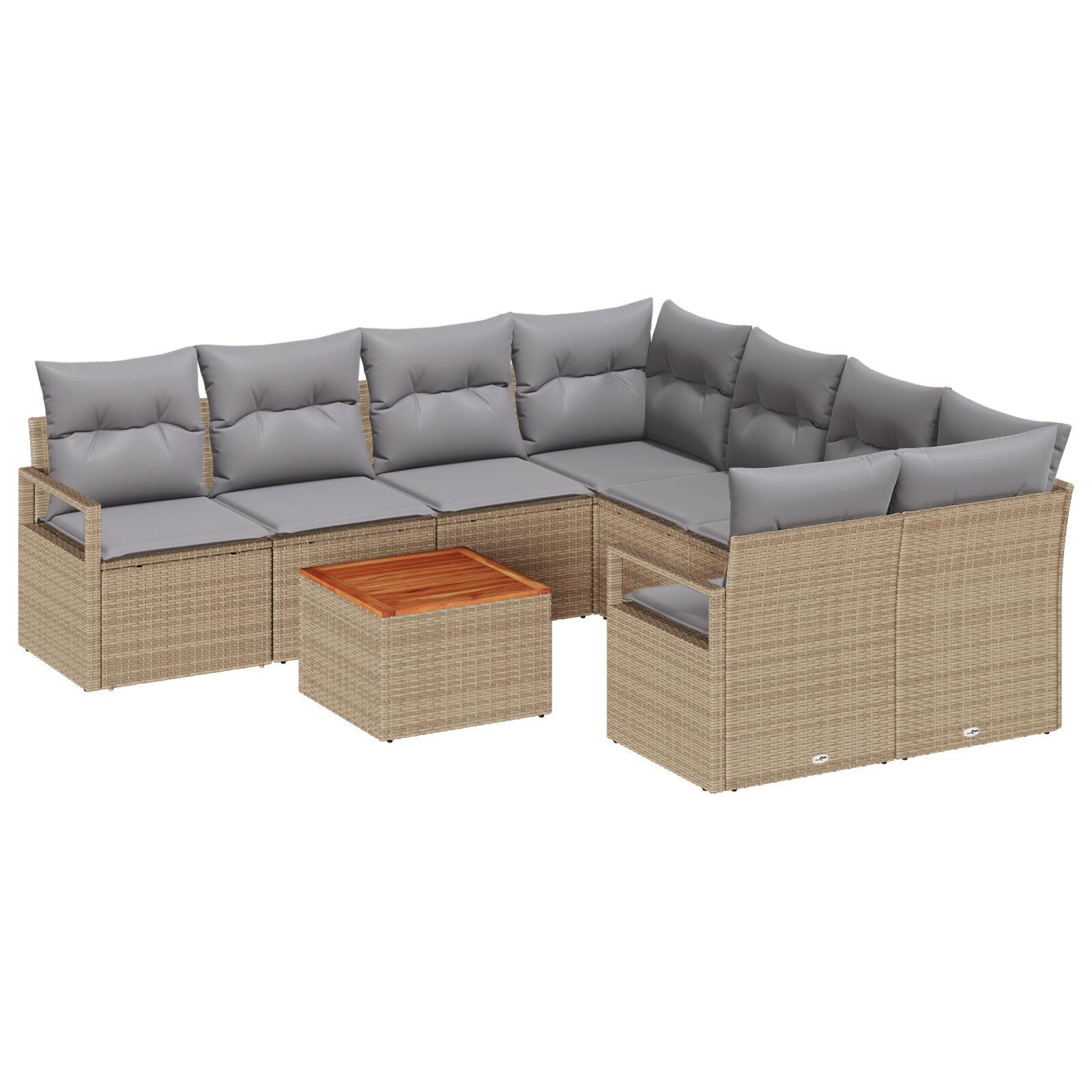 9 Delers Have Sofa Sæt med Puder Beige Poly Rattan Akacia,  2-Personers Have Sofa med Opbevaring & Puder Beige Poly Rattan
