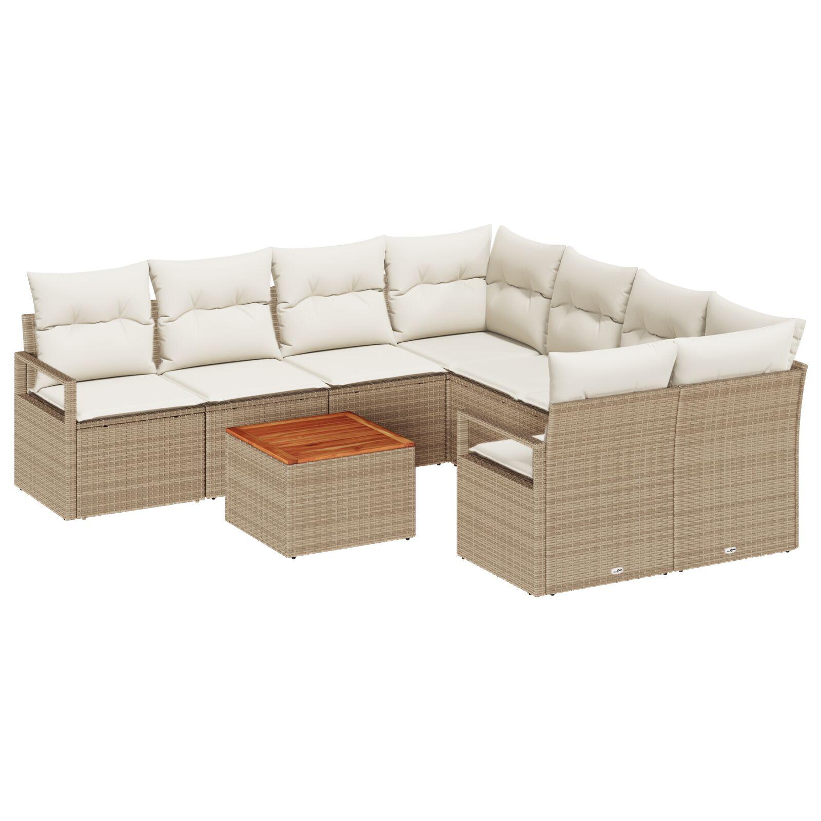 9 Stykke Have Sofa Sæt med Puder Beige Poly Rattan Akacietræ,  2-sæders Have Sofa med Opbevaring & Puder Beige Poly Rattan