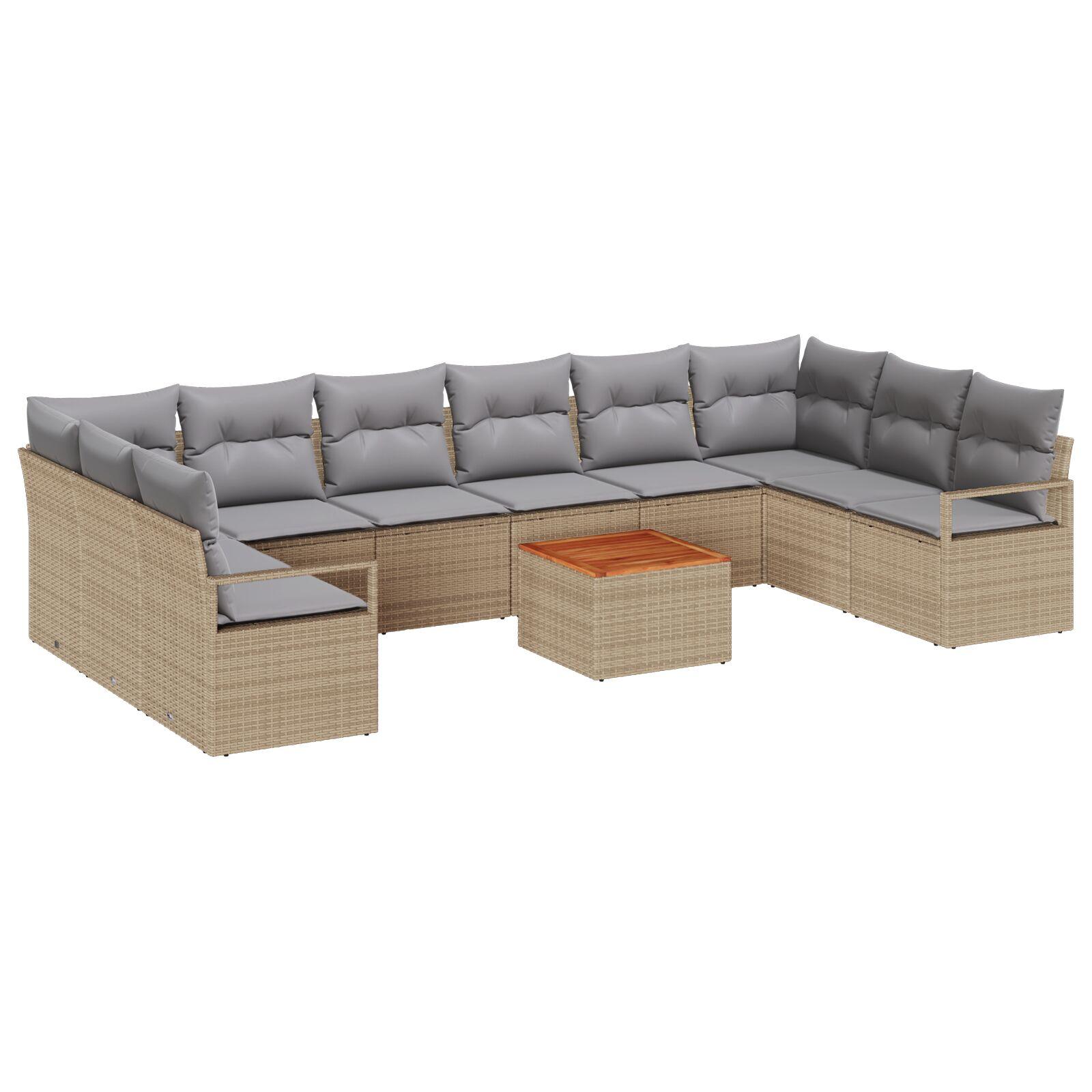 11 Pieces Have Sofa Sæt med Puder Beige Poly Rattan Akacia,  2-personers Have Sofa med Opbevaring & Puder Beige Poly Rattan