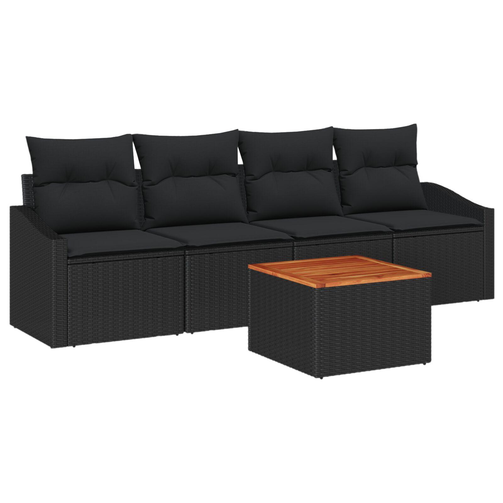5 Piece Garden Sofa Set med Puder Sort Poly Rattan Akacie