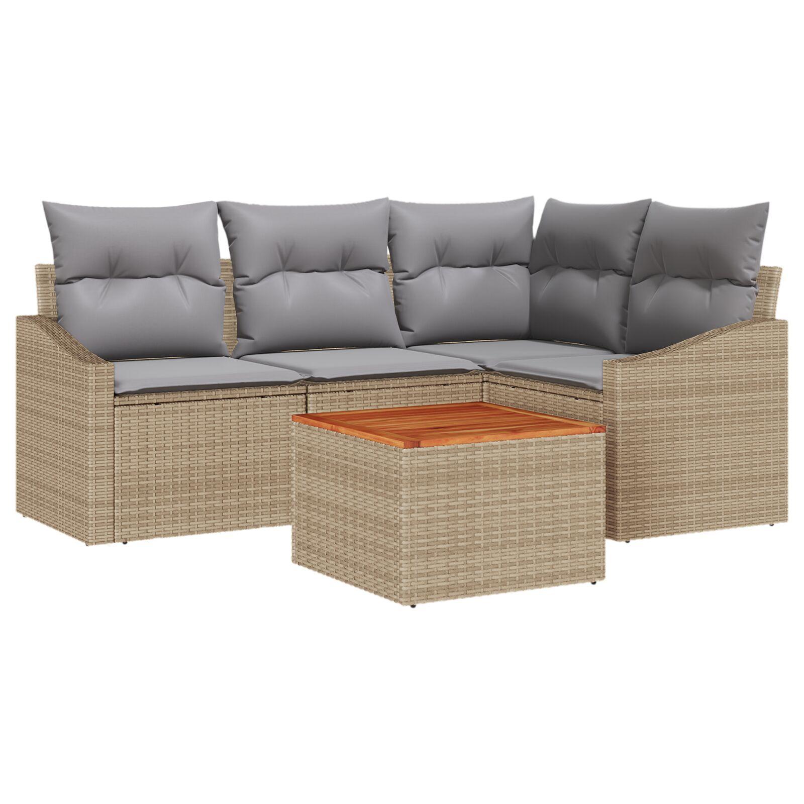 Havesofa-sæt med opbevaring, 5 dele - beige/lysegrå polyrattan