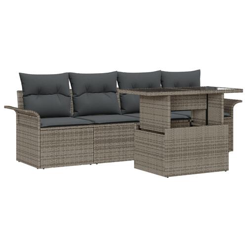 5 Stykker Have Sofa Sæt med Puder Grå Poly Rattan, 2-Sæders Have Sofa med Opbevaring & Puder Grå Poly Rattan