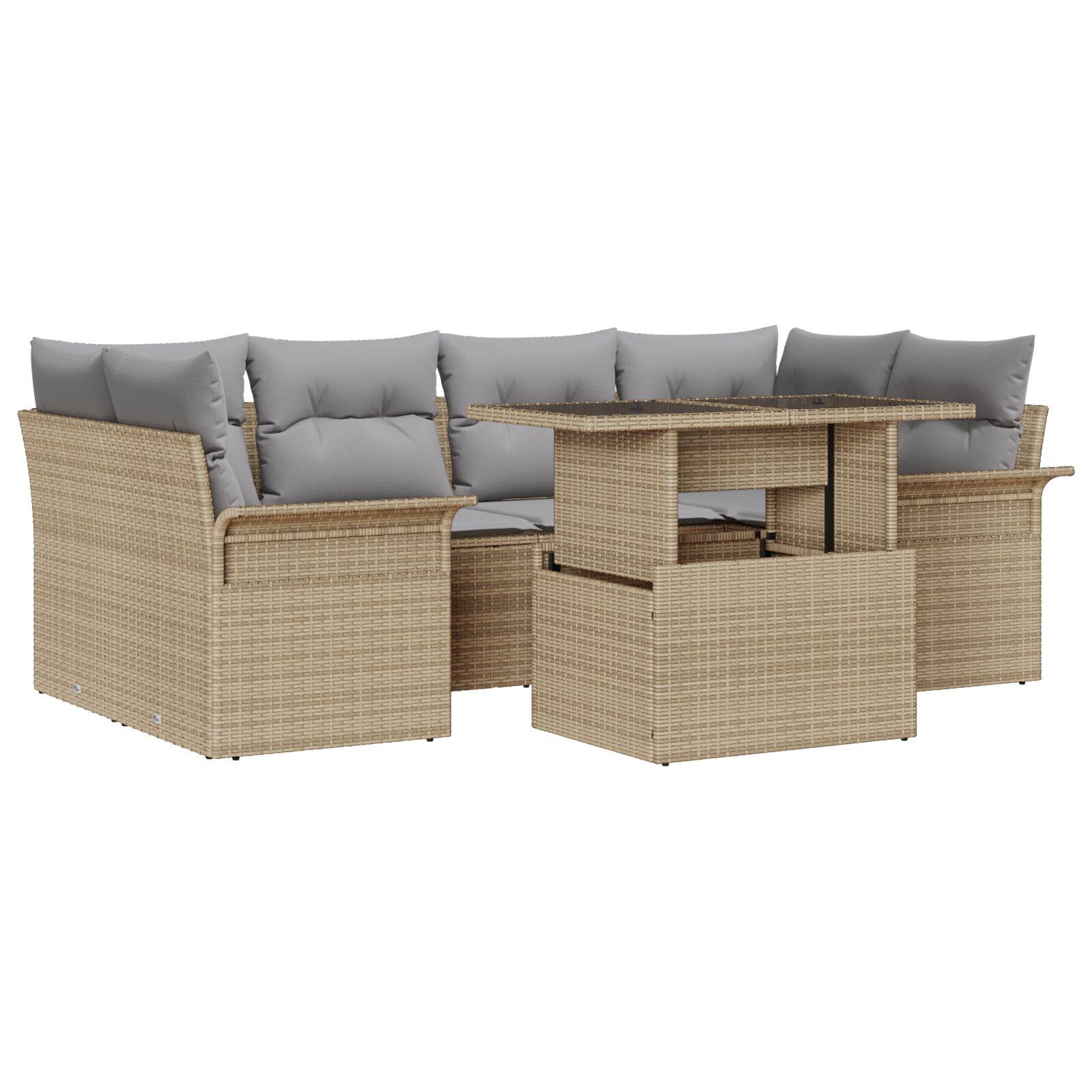 7 Delers Have Sofa Sæt med Puder Beige Poly Rattan,  2-personers Have Sofa med Opbevaring & Puder Beige Poly Rattan