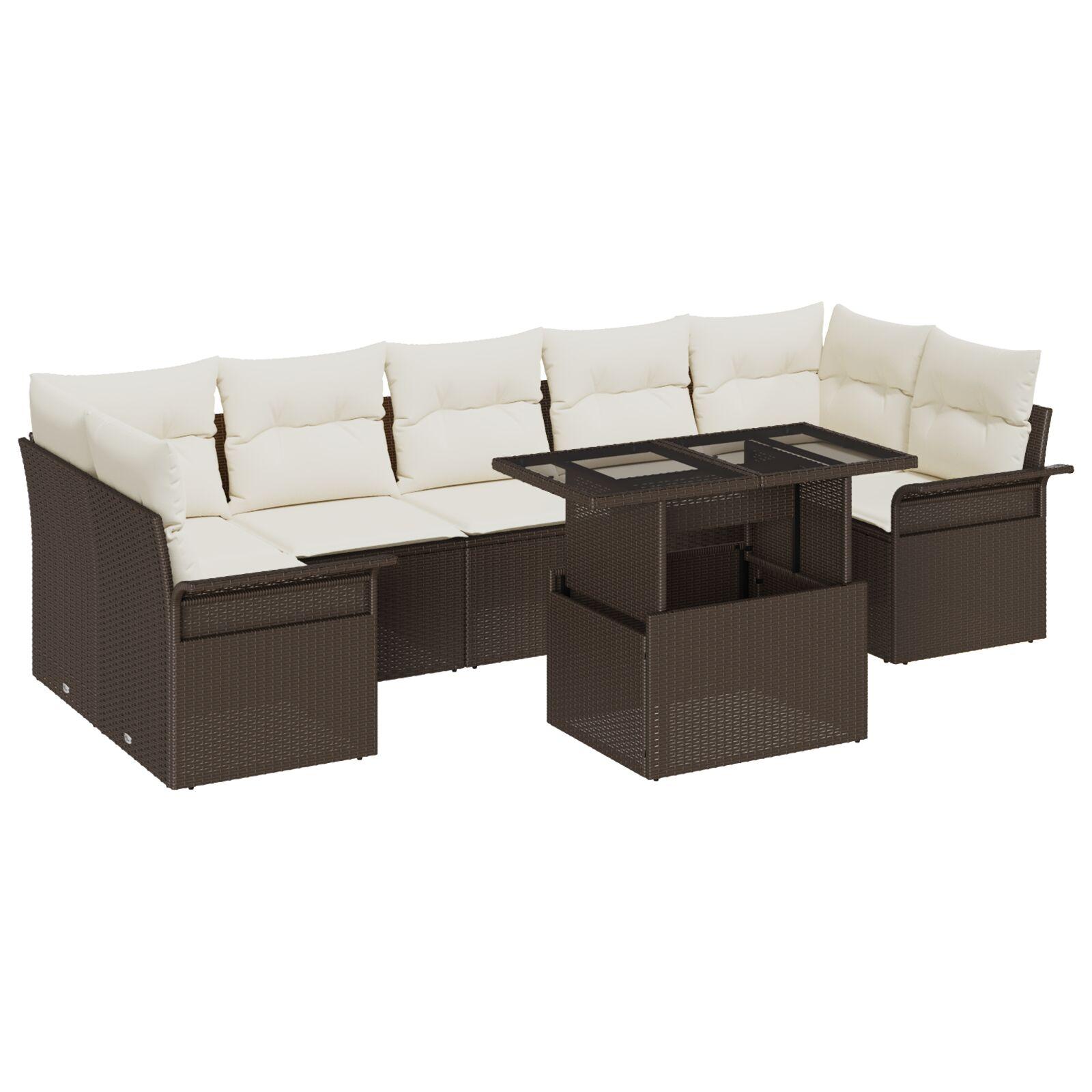 8 Stykke Have Sofa Sæt med Puder Brun Poly Rattan, 2-Personers Have Sofa med Opbevaring & Puder Brun Poly Rattan