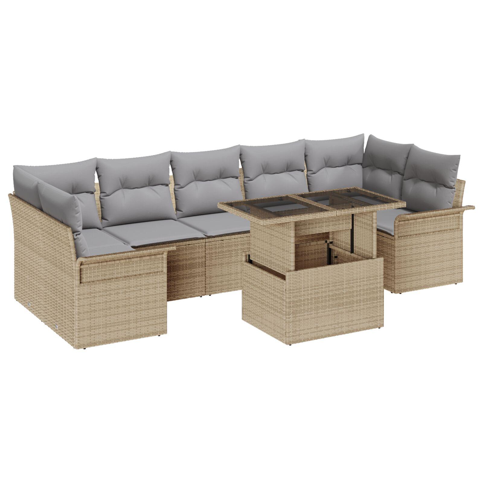 8 Stykke Have Sofa Sæt med puder Beige Poly Rattan,  2-Personers Have Sofa med opbevaring & puder Beige Poly Rattan
