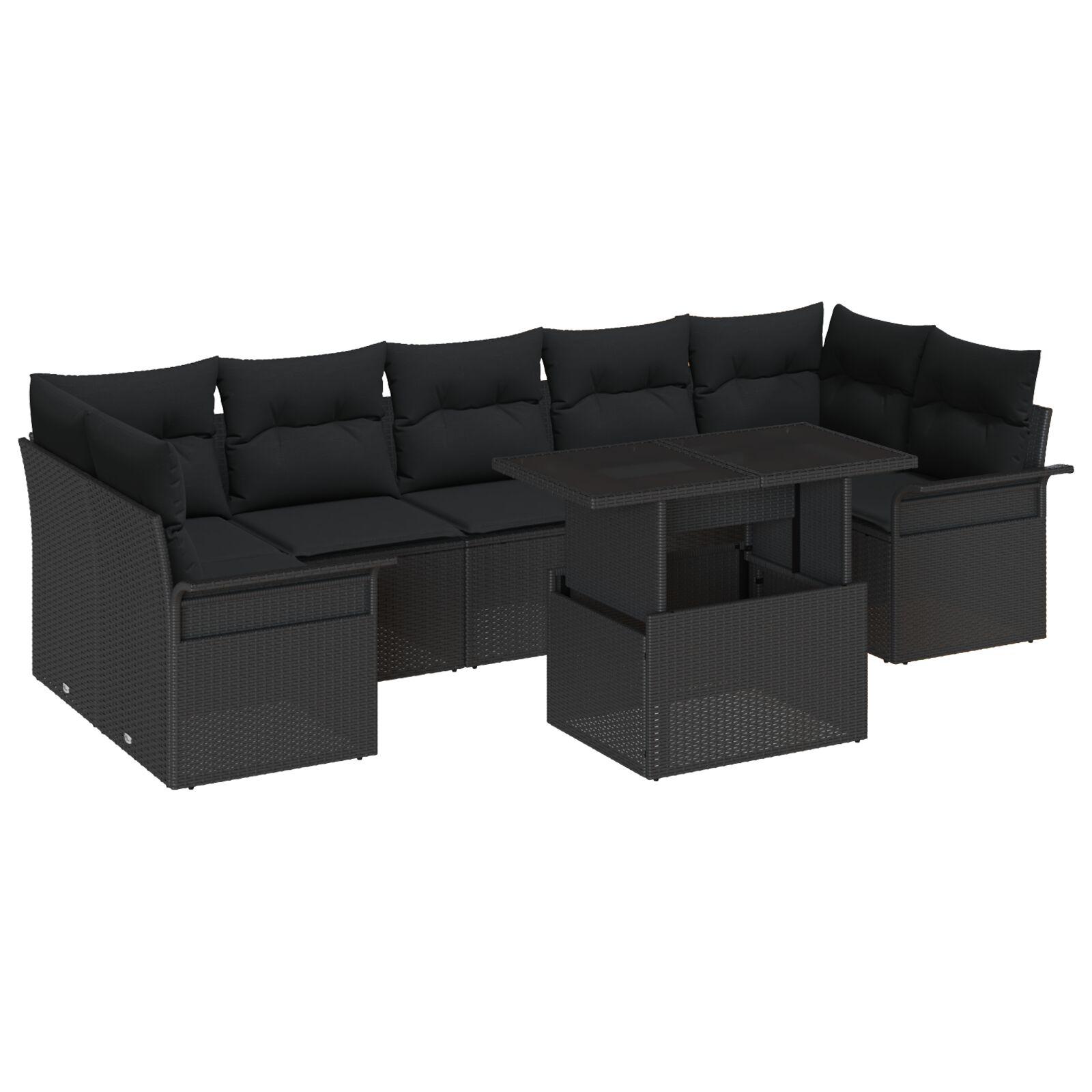 8 Styk Have Sofagruppe med Puder Sort Poly Rattan,  2-personers Have Sofa med Opbevaring & Puder Sort Poly Rattan
