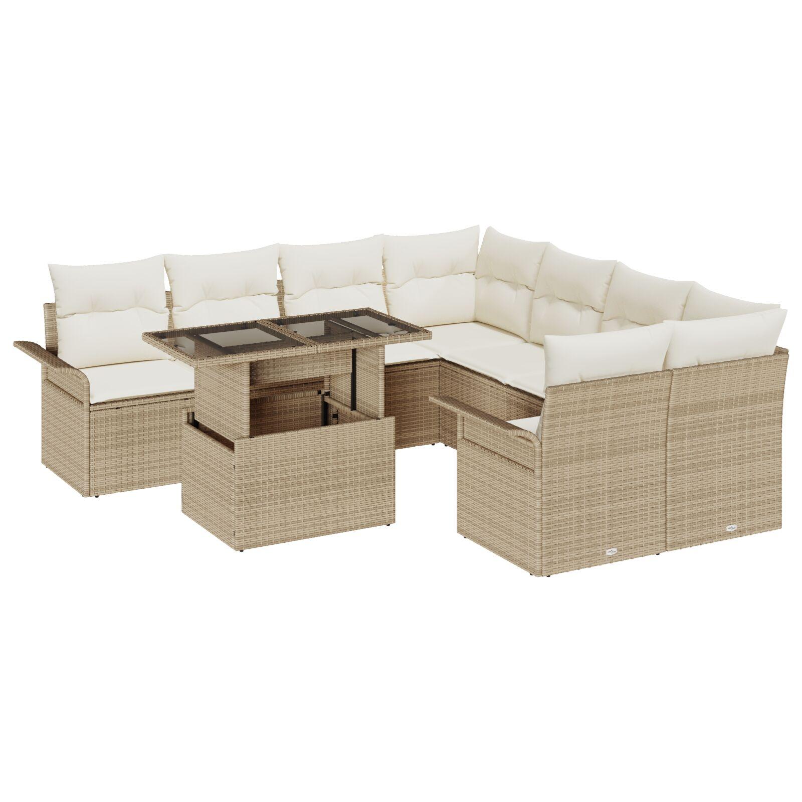 9 Stk Havensofa Sæt med Puder Beige Polyrattan,  2-personers Havensofa med Opbevaring&Puder Beige Polyrattan