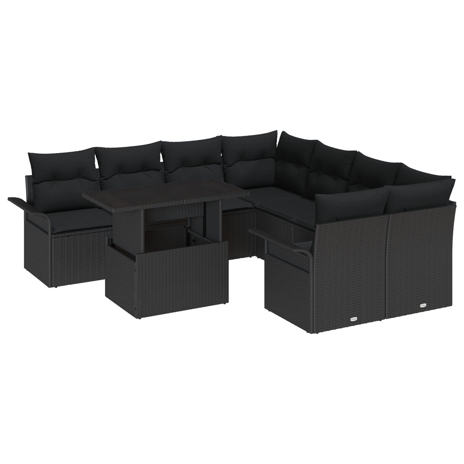 Havesofa Sæt med pude med opbevaring 9 stk Sort Poly rattan billede