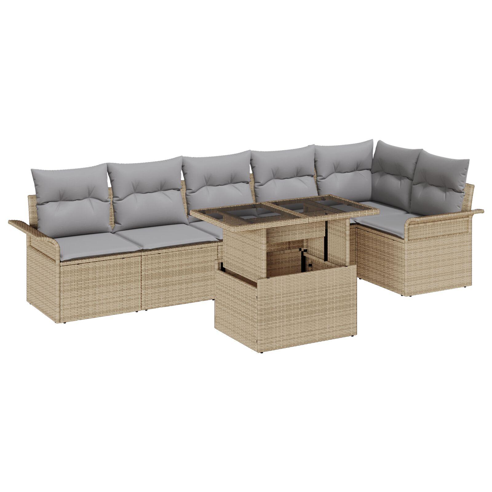 7 Personers Have Sofa Sæt med Puder Beige Poly Rattan,  2-personers Have Sofa med Opbevaring & Puder Beige Poly Rattan