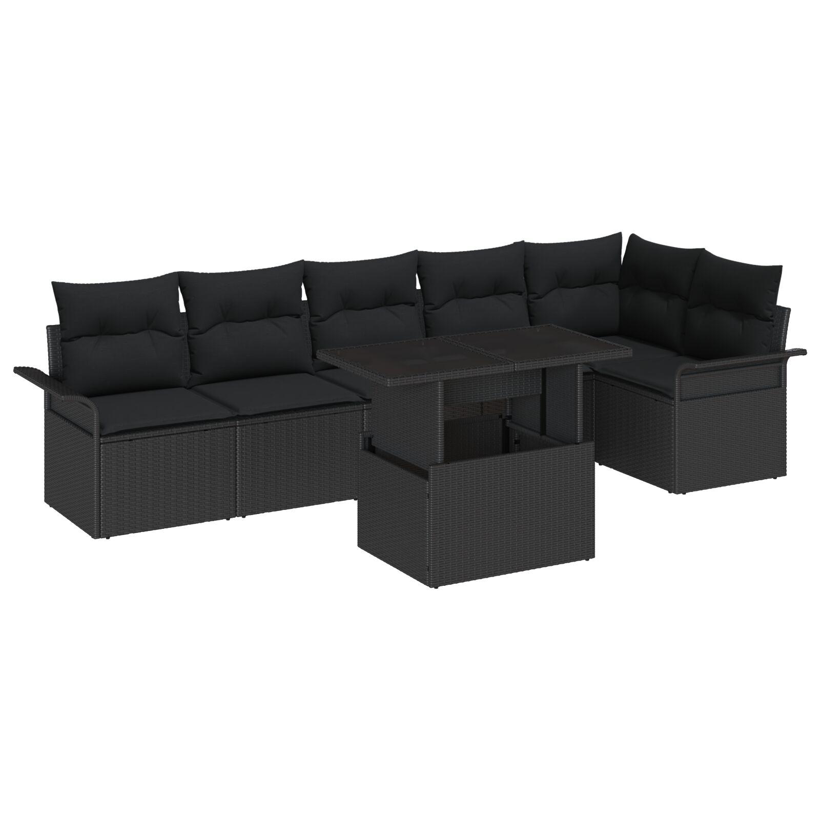 7-Deles Have Sofa Sæt med Puder Sort Poly Rattan,  2-personers Have Sofa med Opbevaring & Puder Sort Poly Rattan