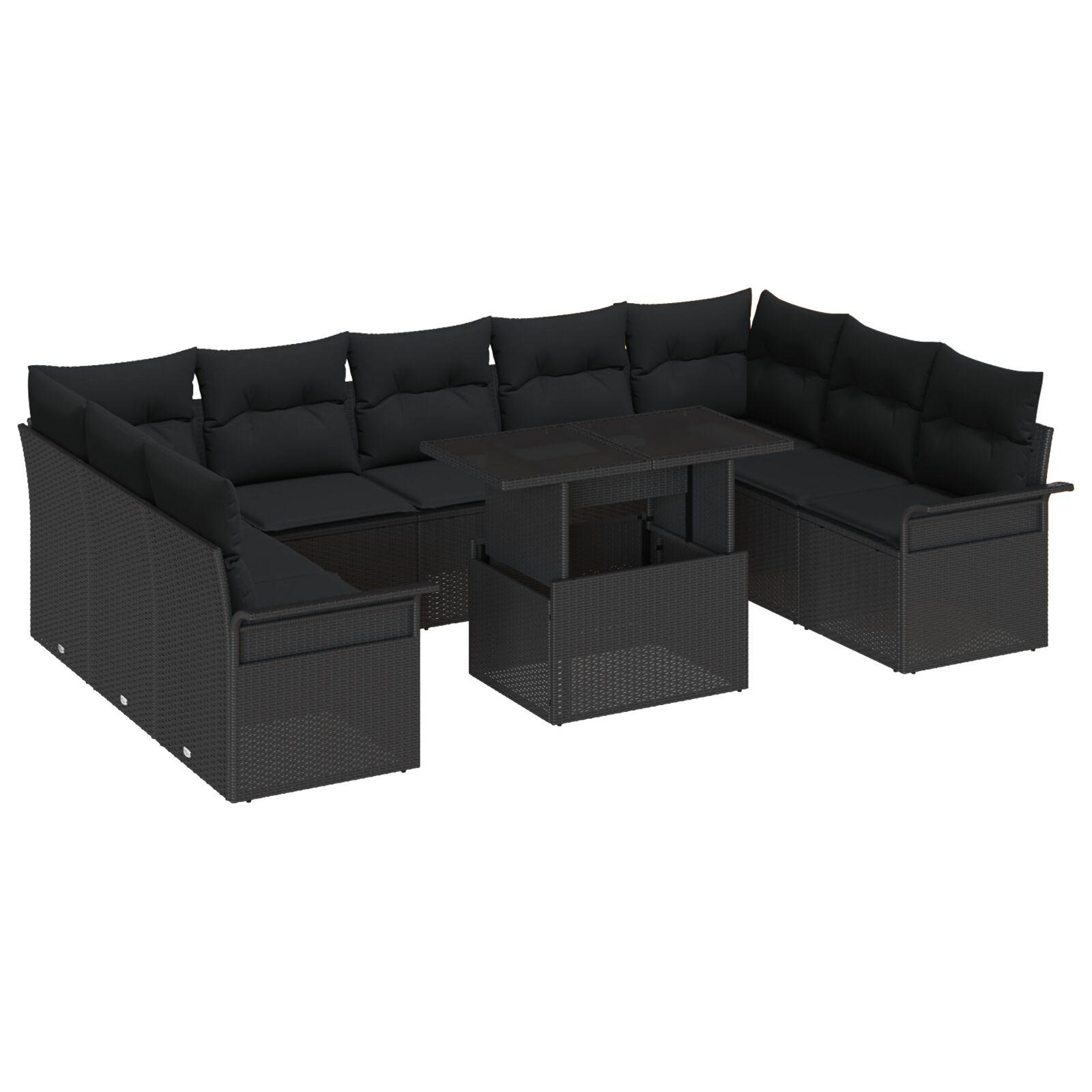 10 Dele Have Sofa Sæt med Puder Sort Polyrattan,  2-personers Have Sofa med Opbevaring & Puder Sort Polyrattan