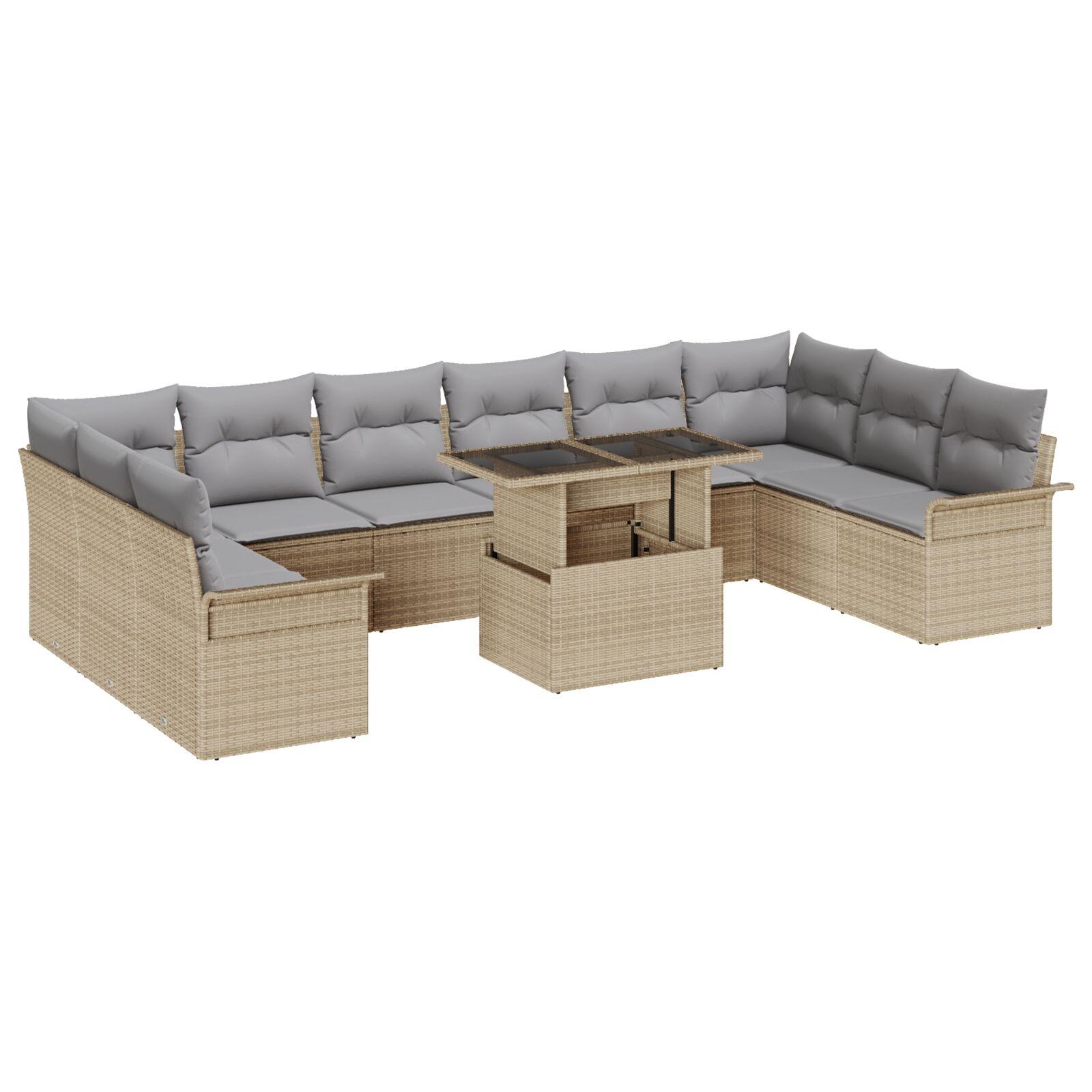 11 Stykke Have Sofa Sæt med Puder Beige Poly Rattan,  2-personers Have Sofa med Opbevaring & Puder Beige Poly Rattan