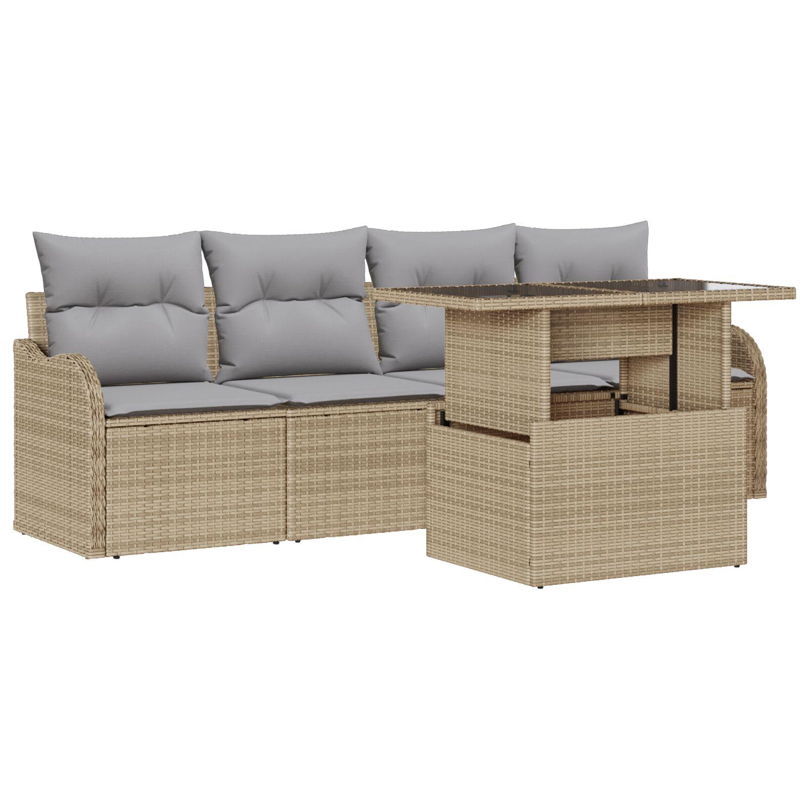 5 Stykke Have Sofa Sæt med Puder Beige Poly Rattan,  2-Personers Have Sofa med Opbevaring & Puder Beige Poly Rattan