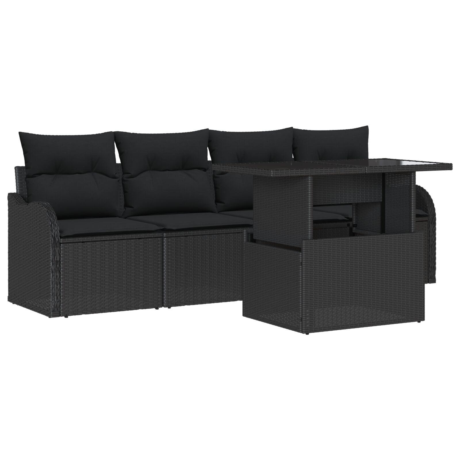5 Delers Have Sofa Sæt med Puder Sort Poly Rattan,  2-Pladsers Have Sofa med Opbevaring & Puder Sort Poly Rattan