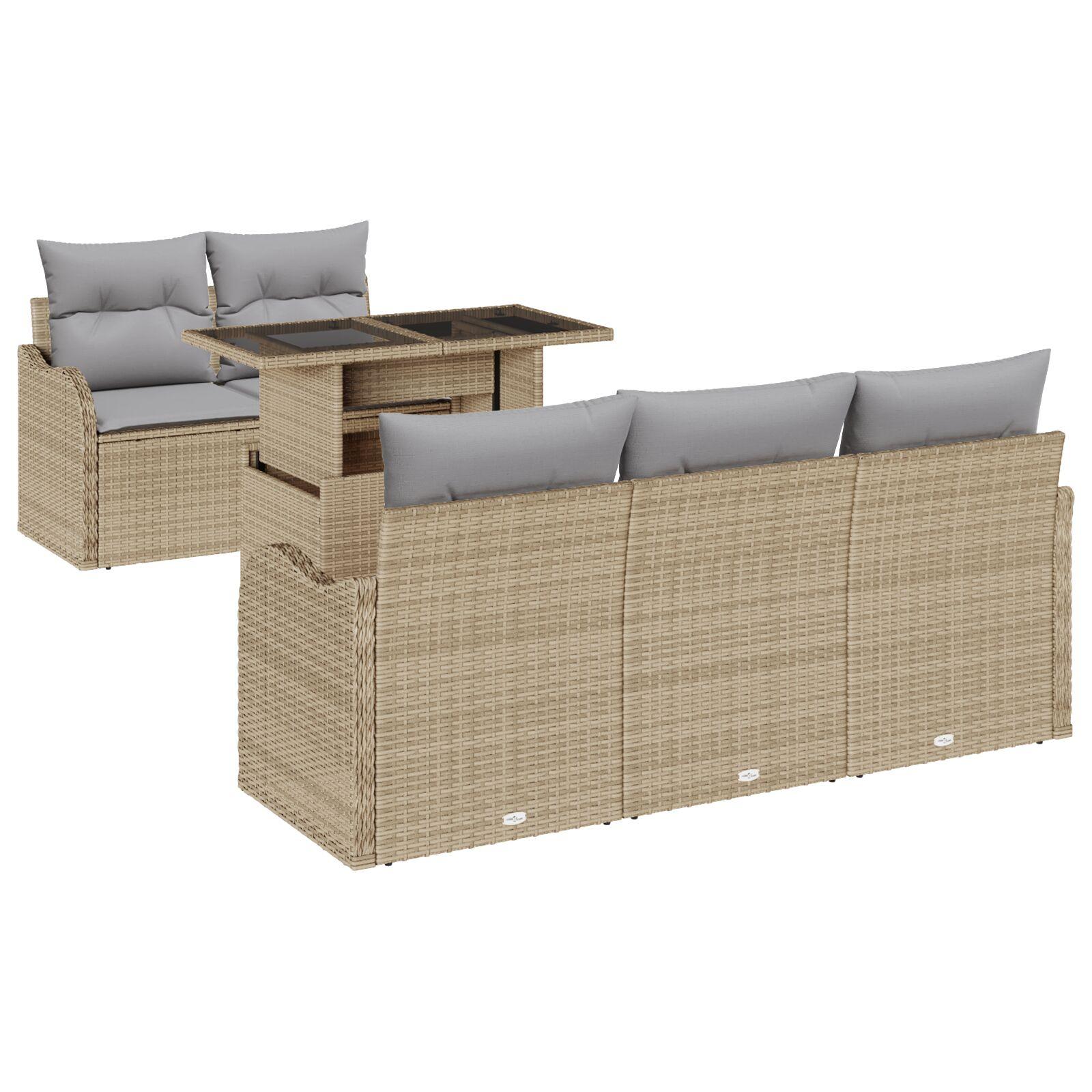 6-Personers Havemøbel Sæt med Puder Beige Poly Rattan,  2-Personers Havemøbel Sofa med Opbevaring & Puder Beige Poly Rattan