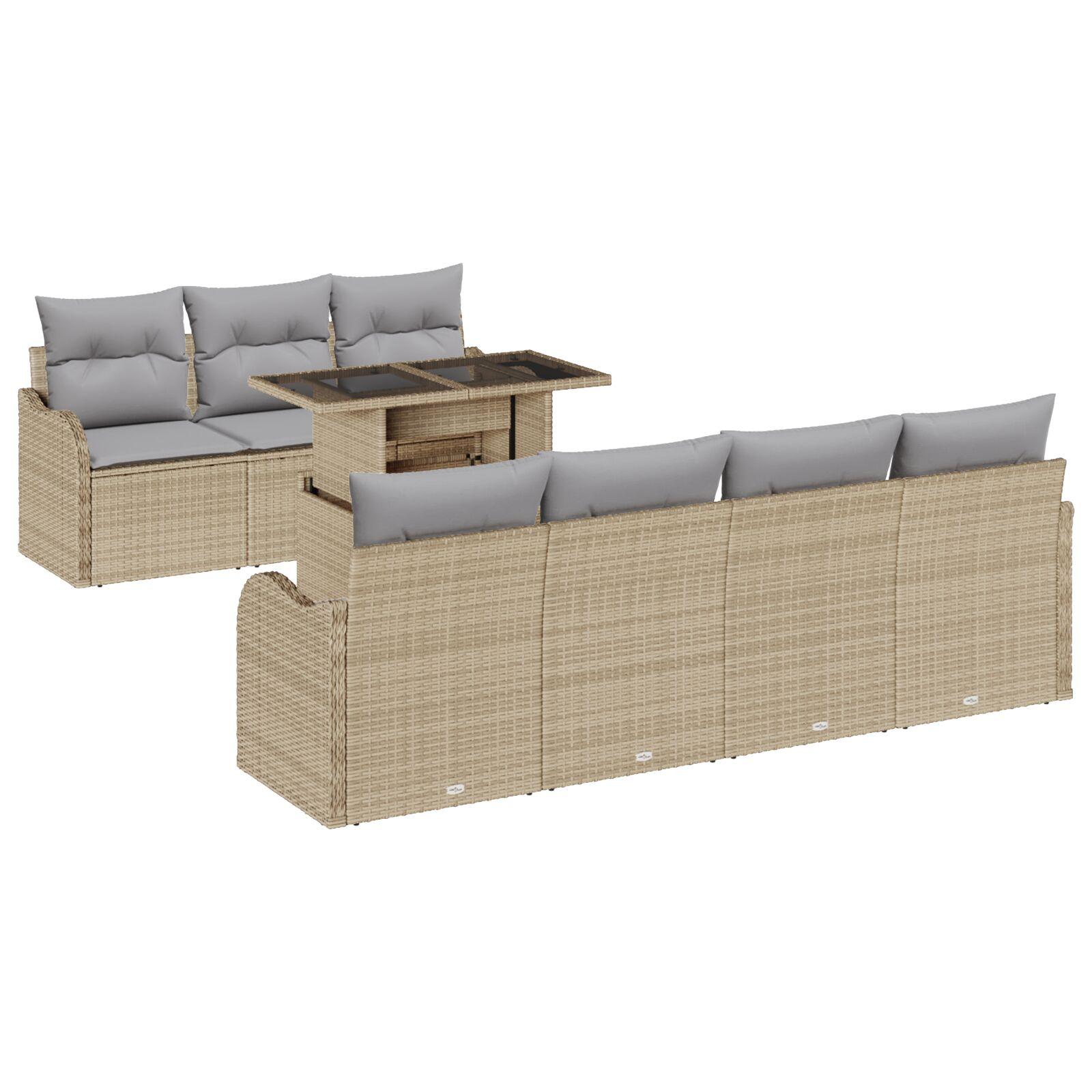 8-Personers Have Sofa Sæt med Puder Beige Poly Rattan,  2-sæders Have Sofa med Opbevaring & Puder Beige Poly Rattan