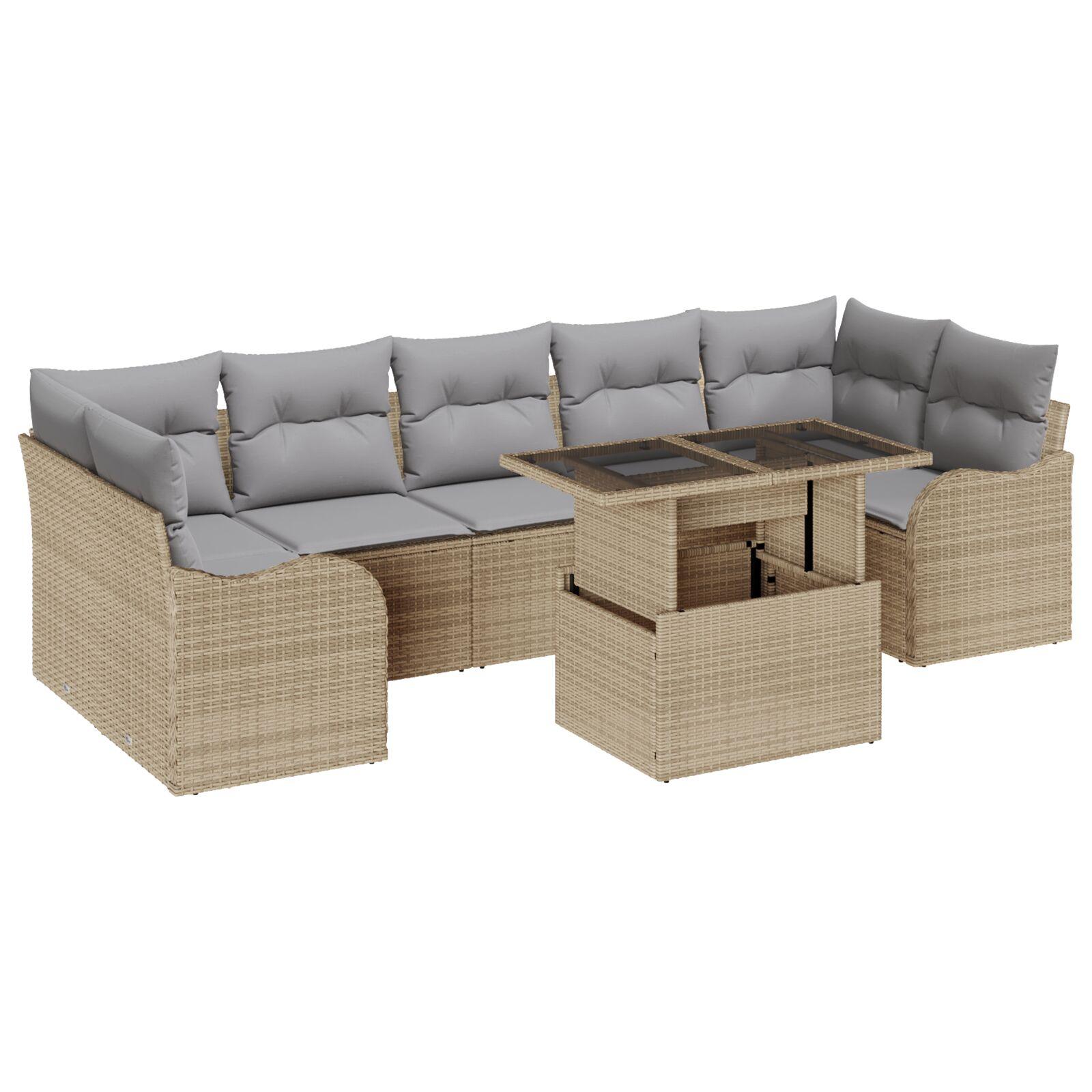 8-delt Have Sofa Sæt med Hynder Beige Poly Rattan,  2-personers Have Sofa med Opbevaring & Hynder Beige Poly Rattan