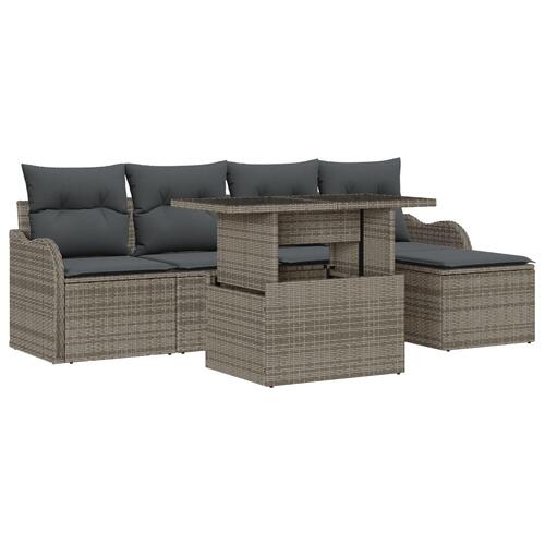 6-delt Have Sofa Sæt med Puder Grå Poly Rattan, 2-sæders Have Sofa med Opbevaring & Puder Grå Poly Rattan