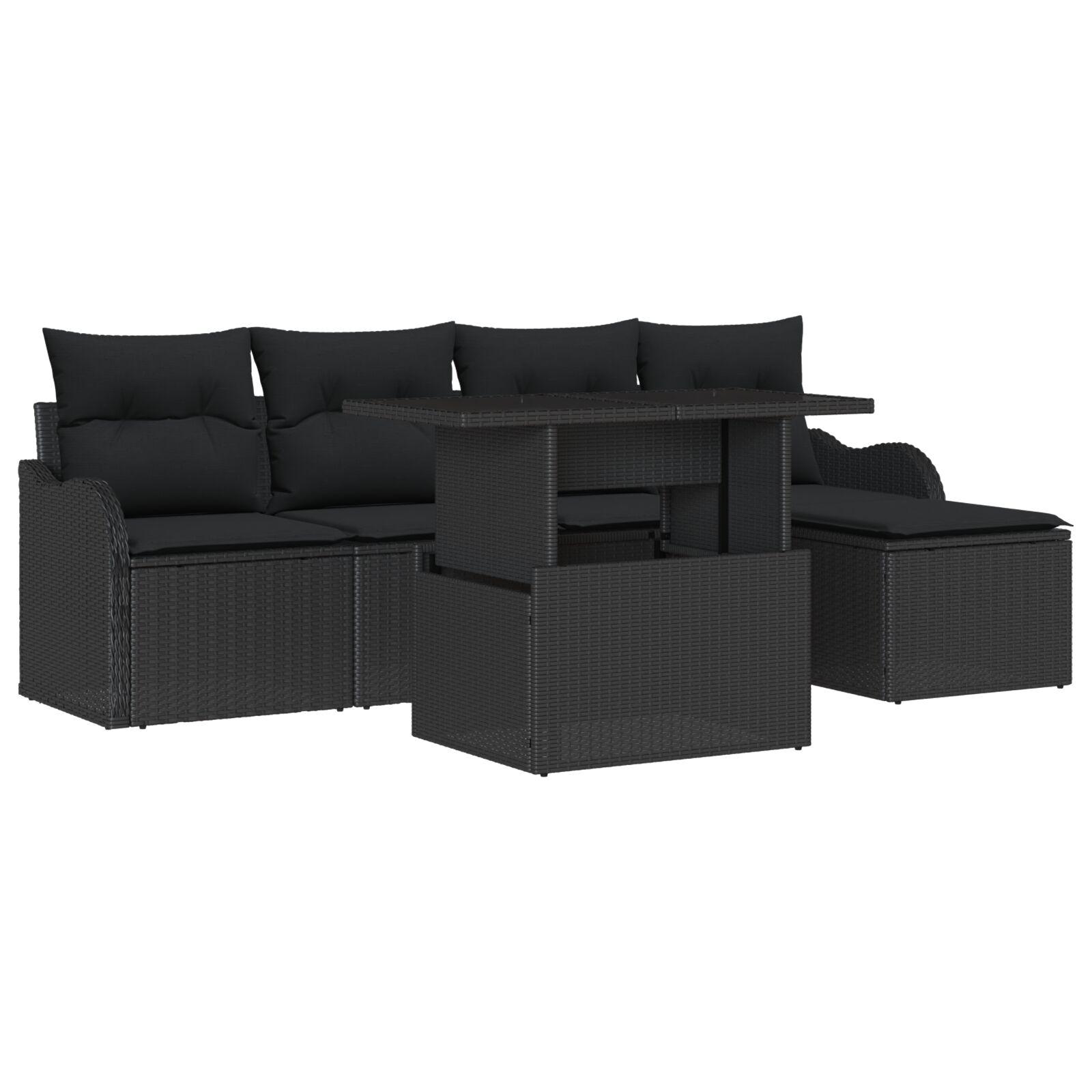 6 Stykke Have Sofa Sæt med Puder Sort Poly Rattan,  2-Sæders Have Sofa med Opbevaring & Puder Sort Poly Rattan