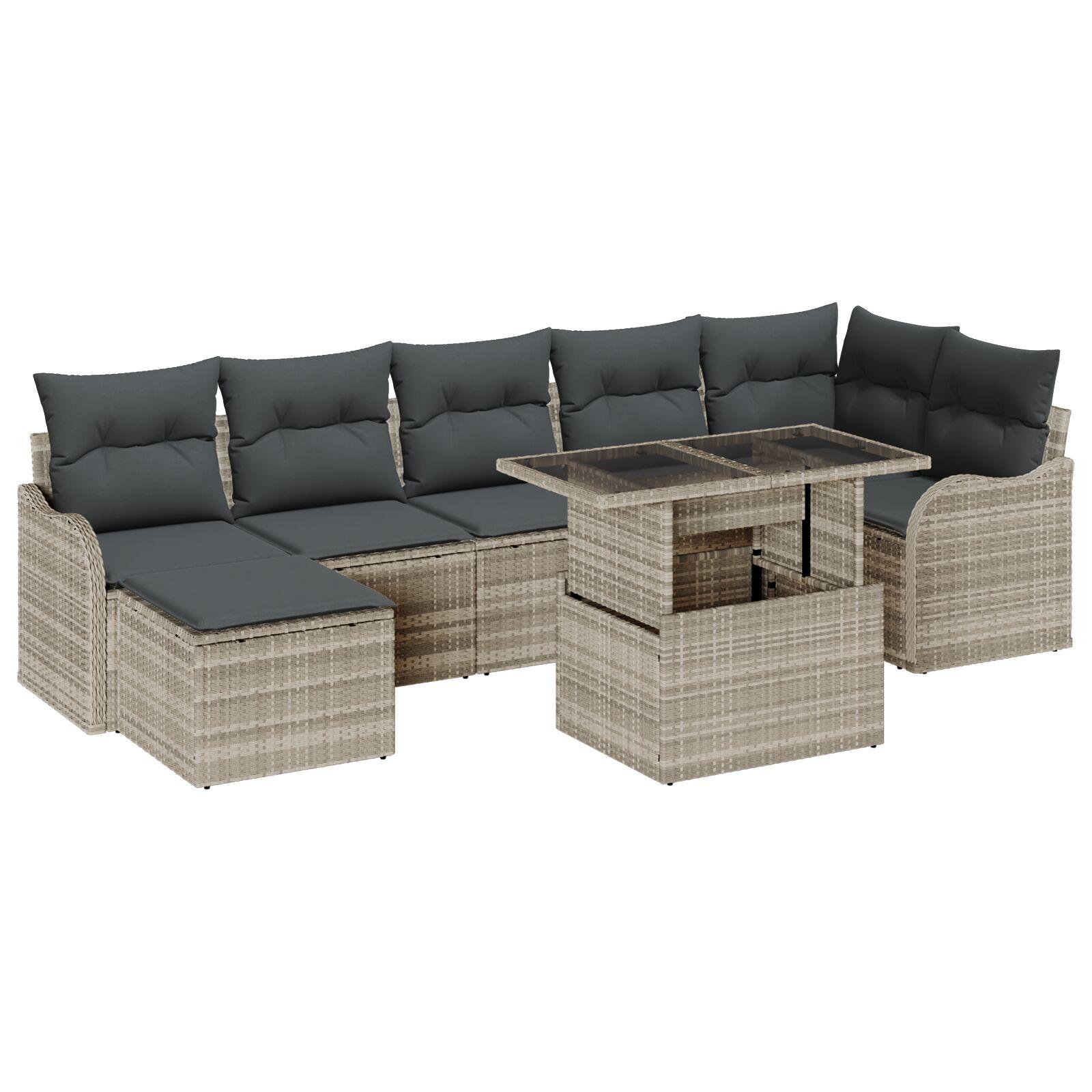 8 Styk Have Sofa Sæt med Puder Lysegrå Poly Rattan, 2-personers Have Sofa med Opbevaring & Puder Lysegrå Poly Rattan