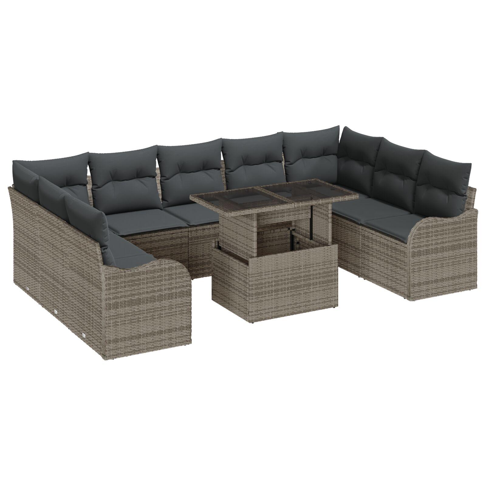 10 Stk Have Sofa Sæt med Puder Grå Poly Rattan, 2-personers Have Sofa med Opbevaring & Puder Grå Poly Rattan