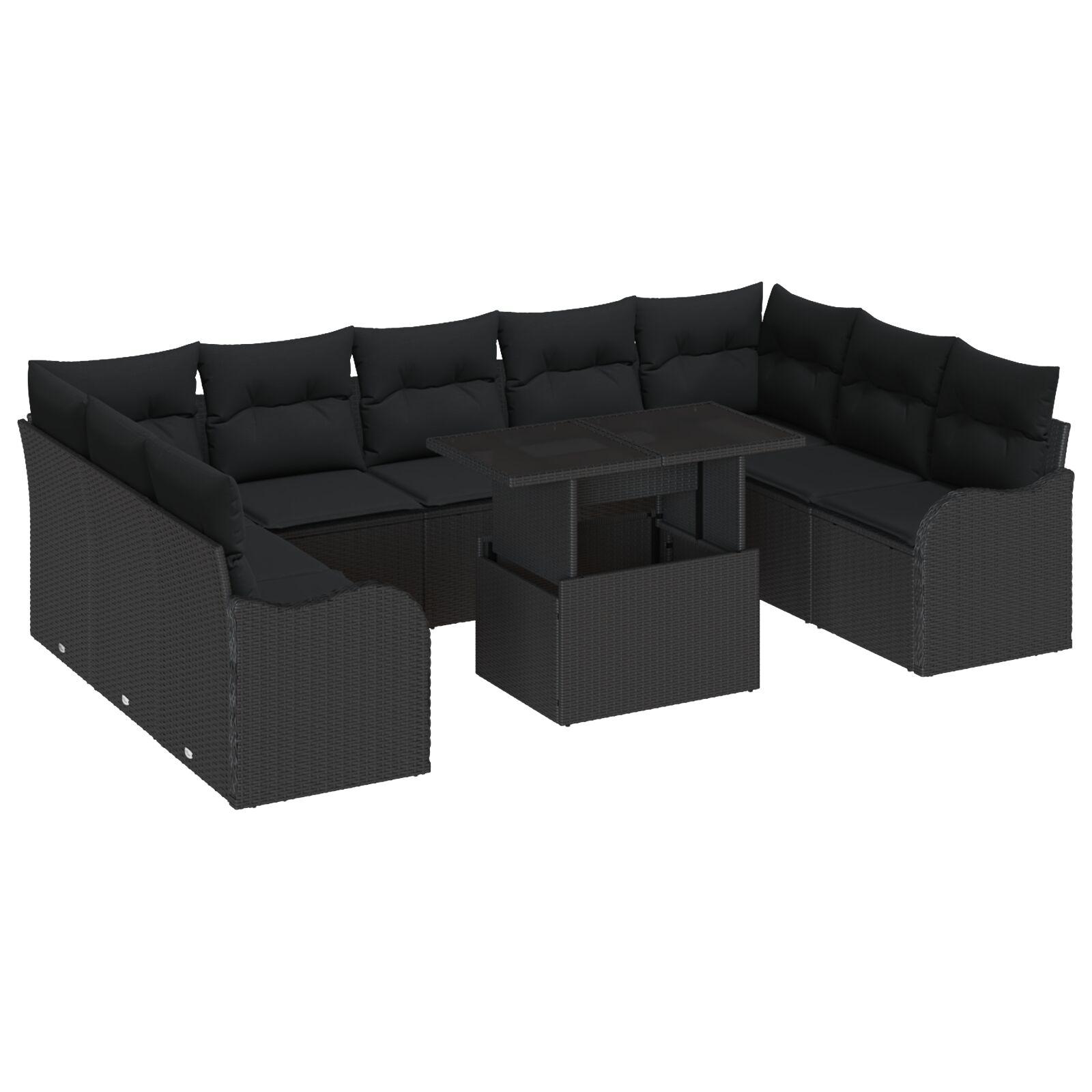 10 Stk Have Sofa Sæt med Puder Sort Poly Rattan,  2-Personers Have Sofa med Opbevaring & Puder Sort Poly Rattan