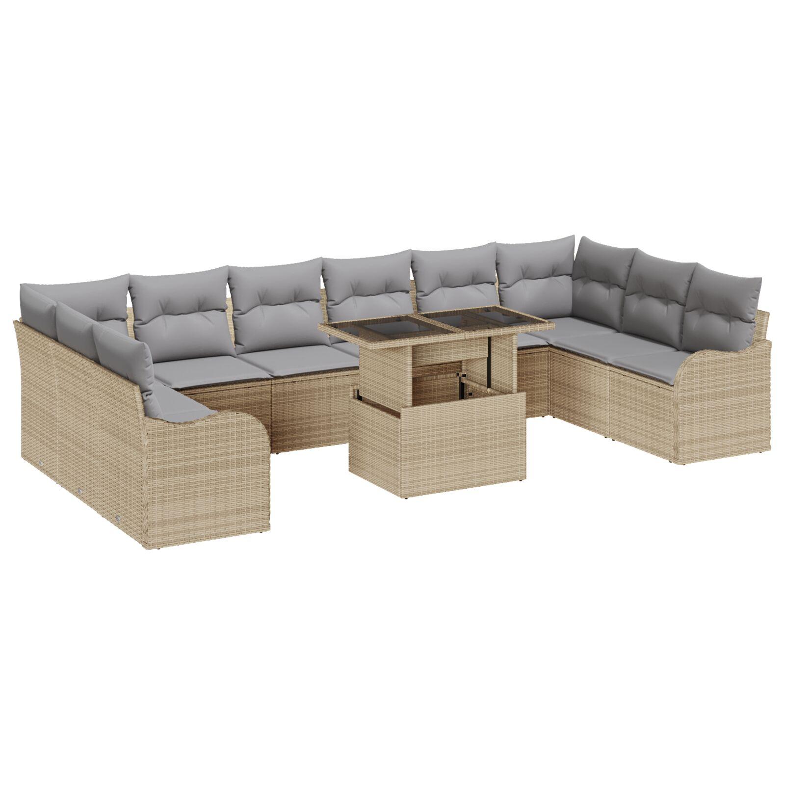 11 Deles Have-sofasæt med puder Beige Poly Rattan,  2-personers Have-sofa med opbevaring & puder Beige Poly Rattan