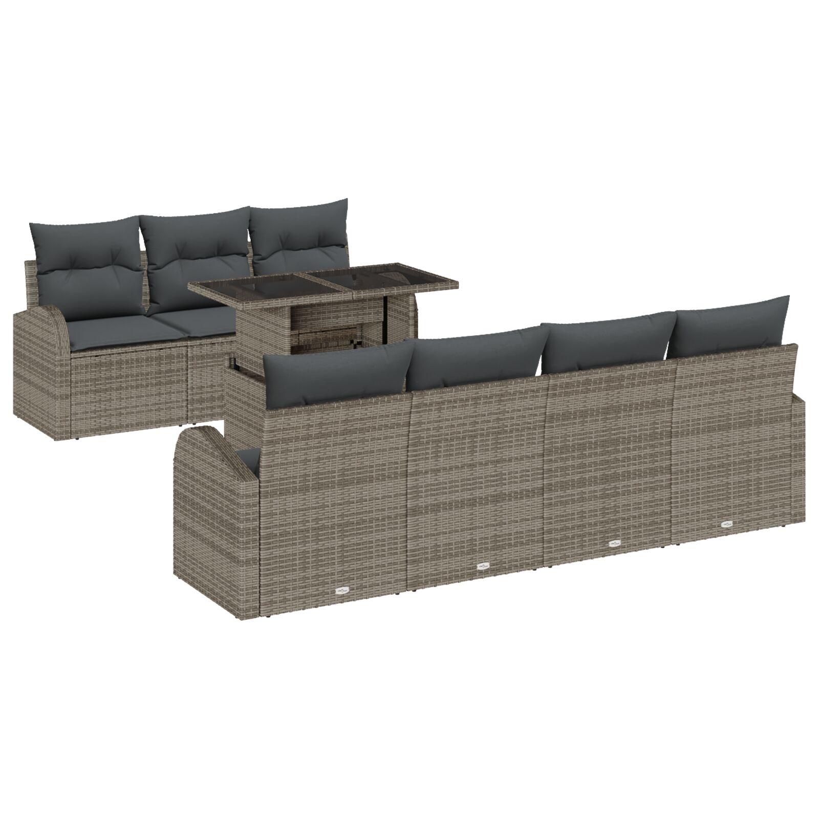 8 Piece Have Sofa Sæt med Puder Grå Poly Rattan, 2-personers Have Sofa med Opbevaring & Puder Grå Poly Rattan