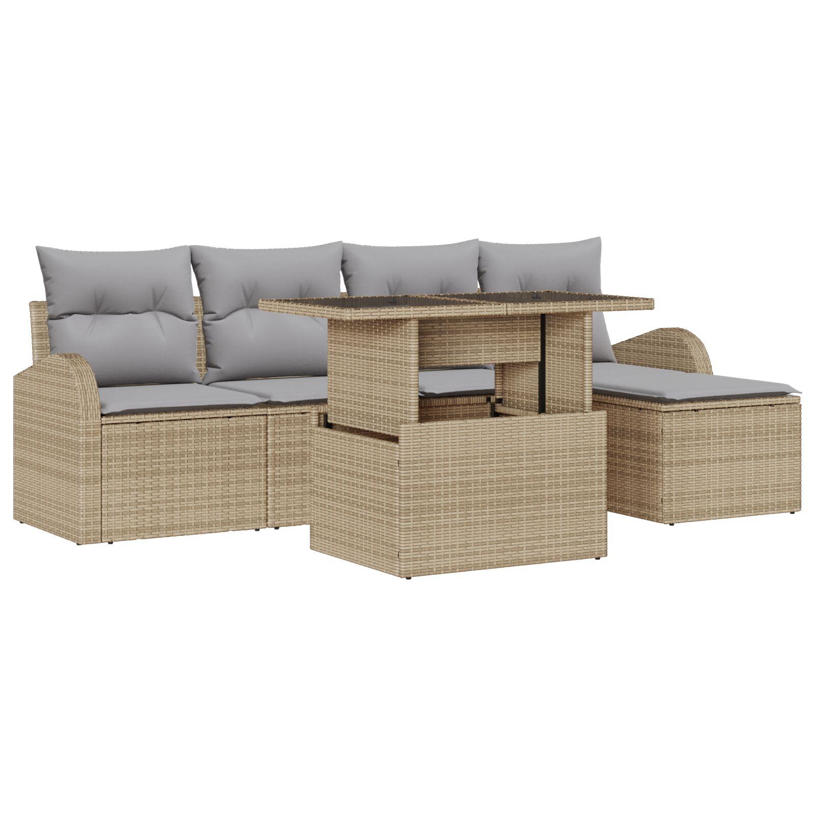 6 Stykke Have Sofa Sæt med Puder Beige Poly Rattan,  2-Sæders Have Sofa med Opbevaring & Puder Beige Poly Rattan