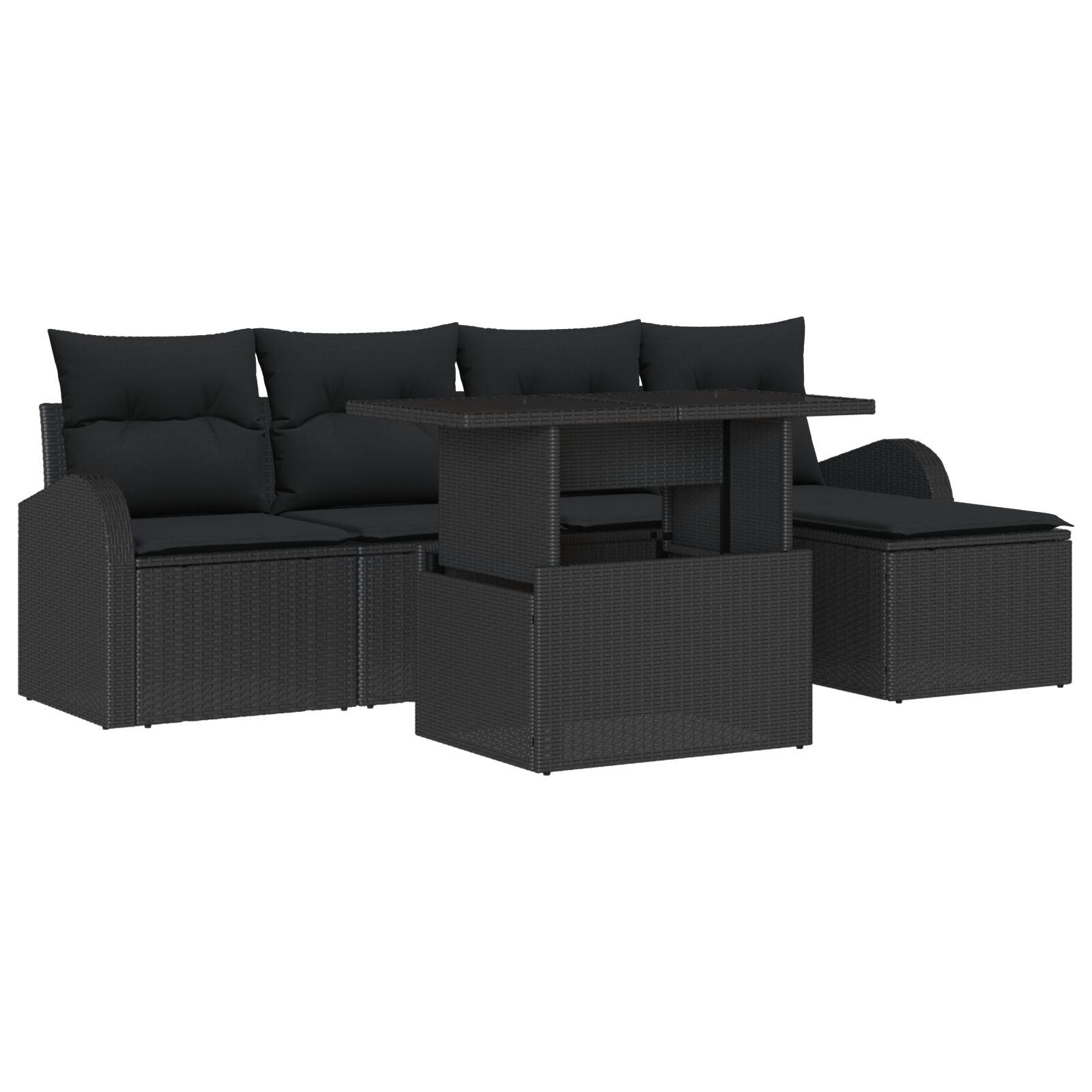 6 Delt Have Sofa Sæt med Puder Sort Poly Rattan,  2-Sæders Have Sofa med Opbevaring & Puder Sort Poly Rattan