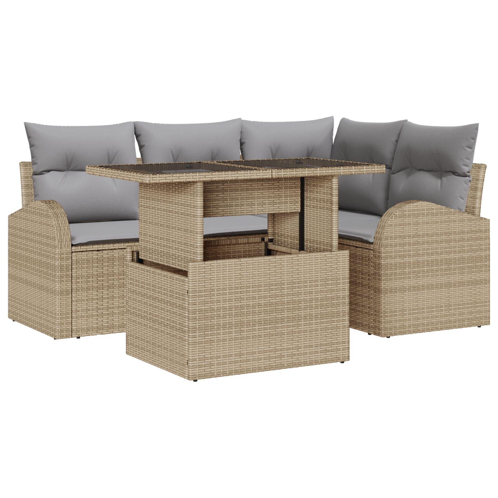 Havesofa Sæt med pude med opbevaring 5 stk Beige Poly rattan billede