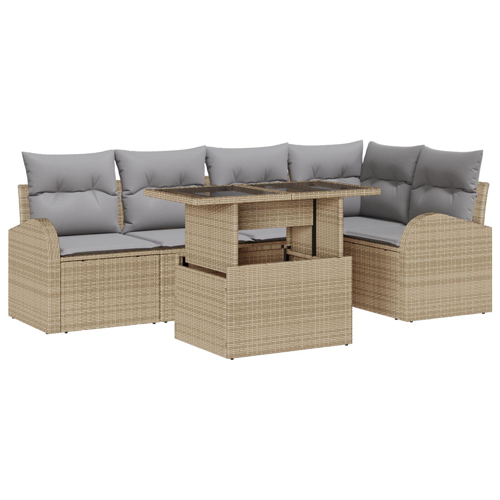 6-delers havesofa sæt med puder beige poly rattan,  2-personers havesofa med opbevaring og puder beige poly rattan