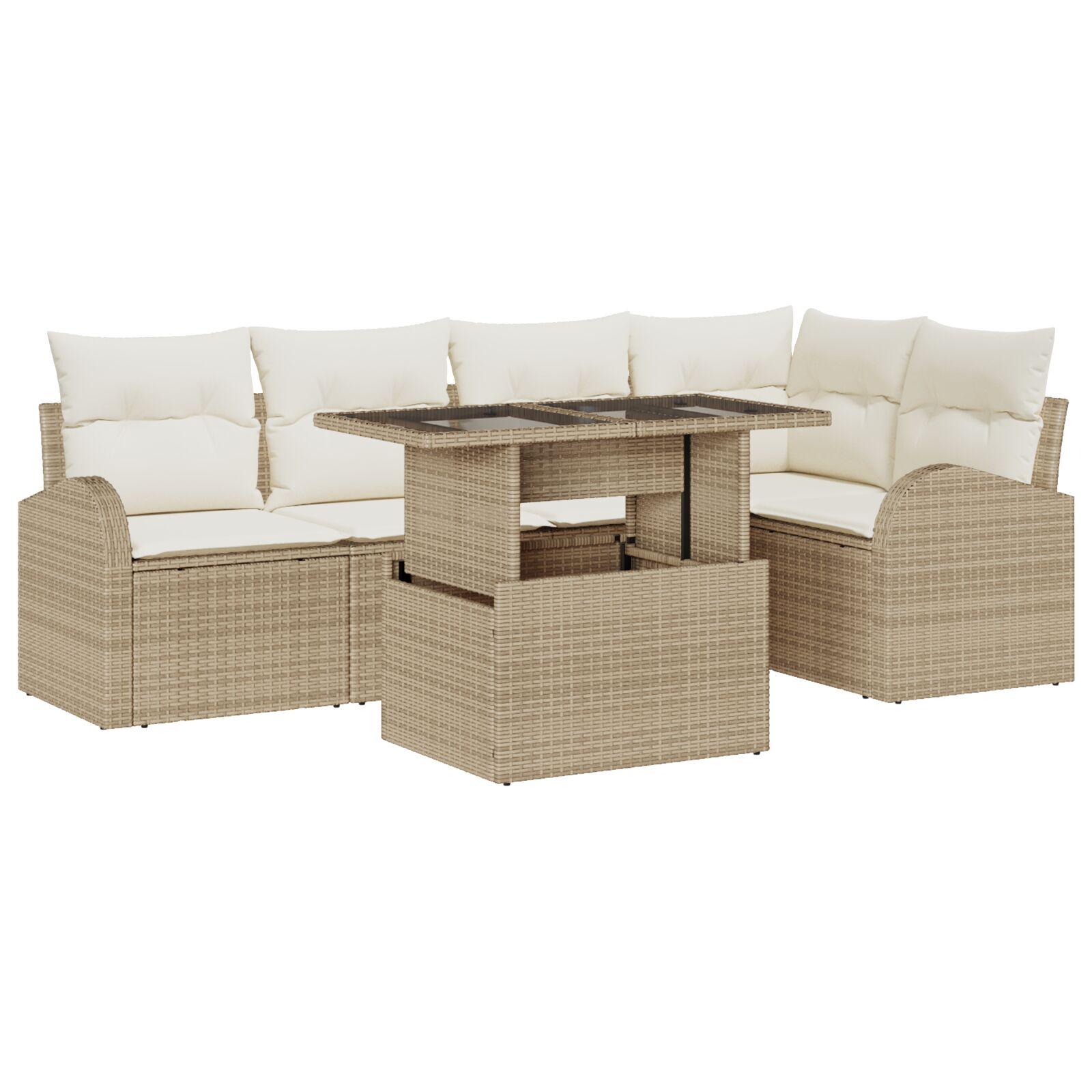 6 Deles Have Sofa Sæt med Puder Beige Poly Rattan,  2-personers Have Sofa med Opbevaring & Puder Beige Poly Rattan